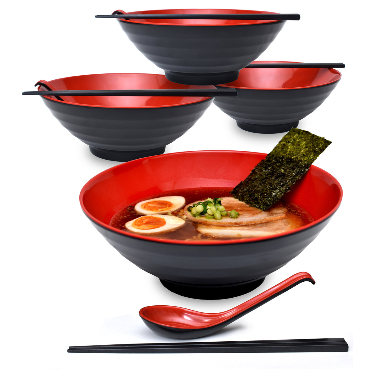 Red Black Large Melamine Japanese Ramen Noodle Bowl Set – APEX S.K.