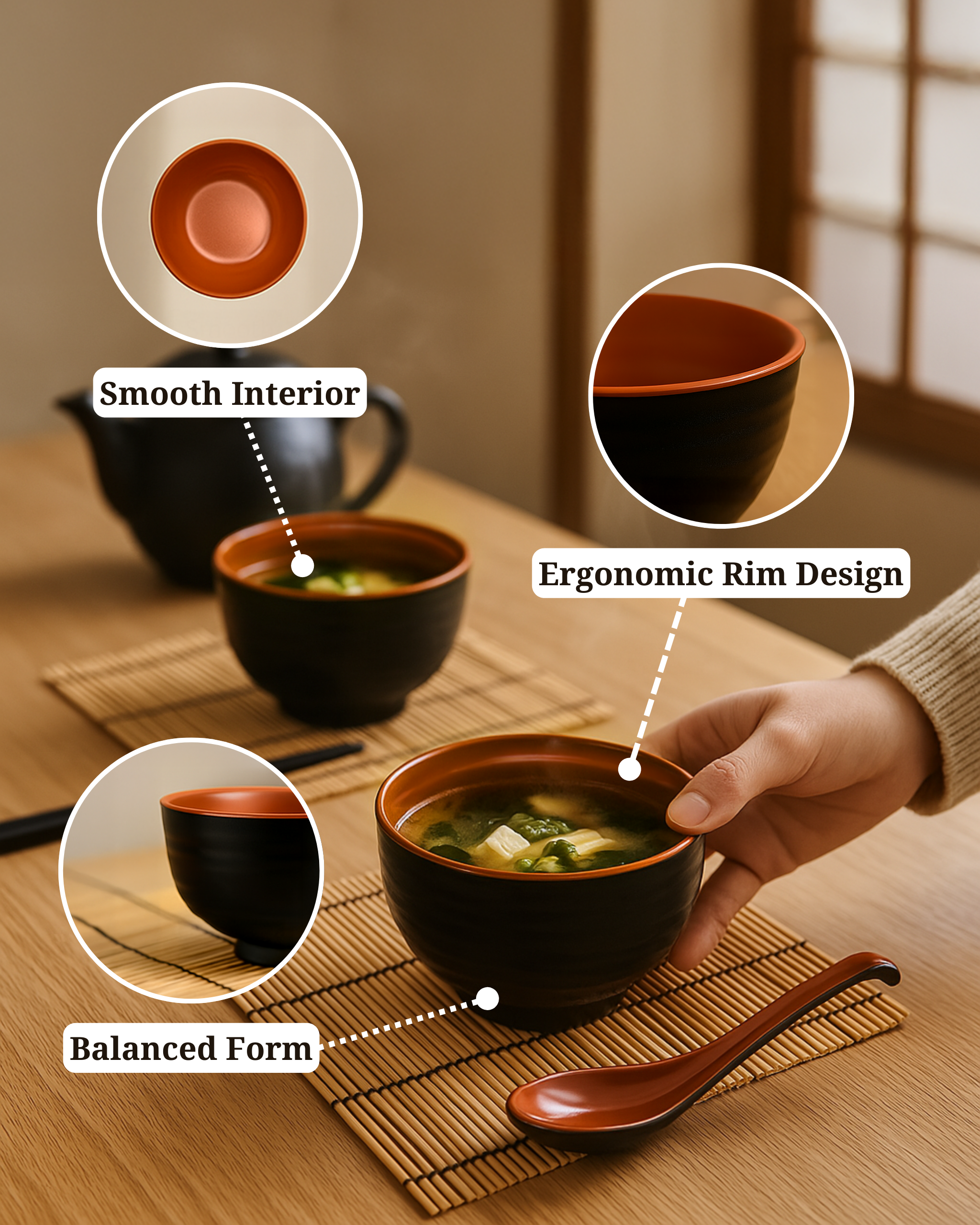Black and Red Miso Soup Bowl Set