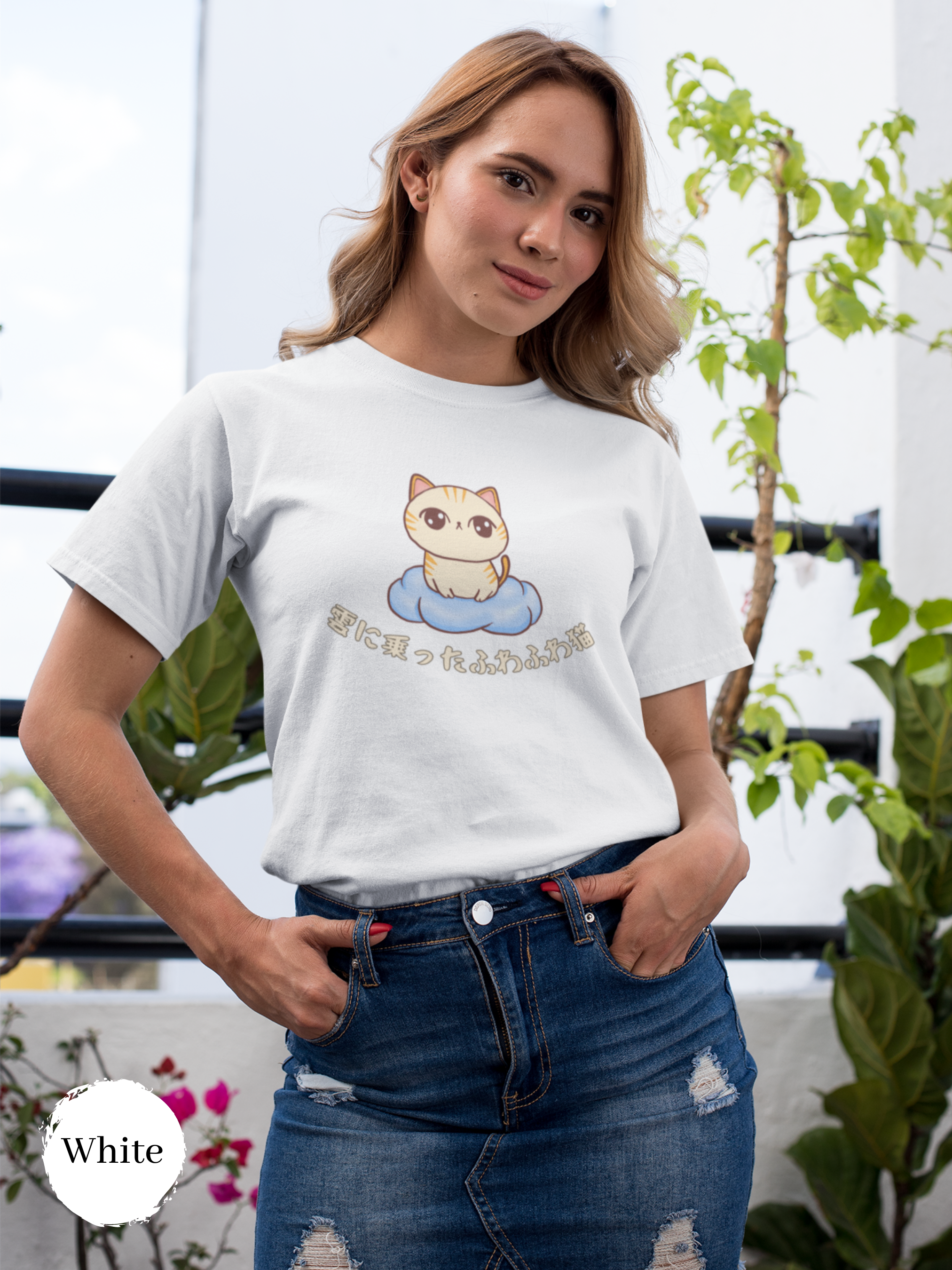 Cat T-shirt: Fluffy Cat Floating on a Cloud - Japanese-inspired Cat Art