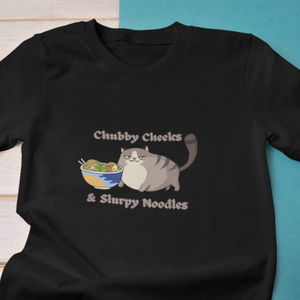 Ramen T-Shirt: Chubby Cheeks and Slurpy Noodles with Mochi Cat - Japanese Foodie Shirt with Ramen Art