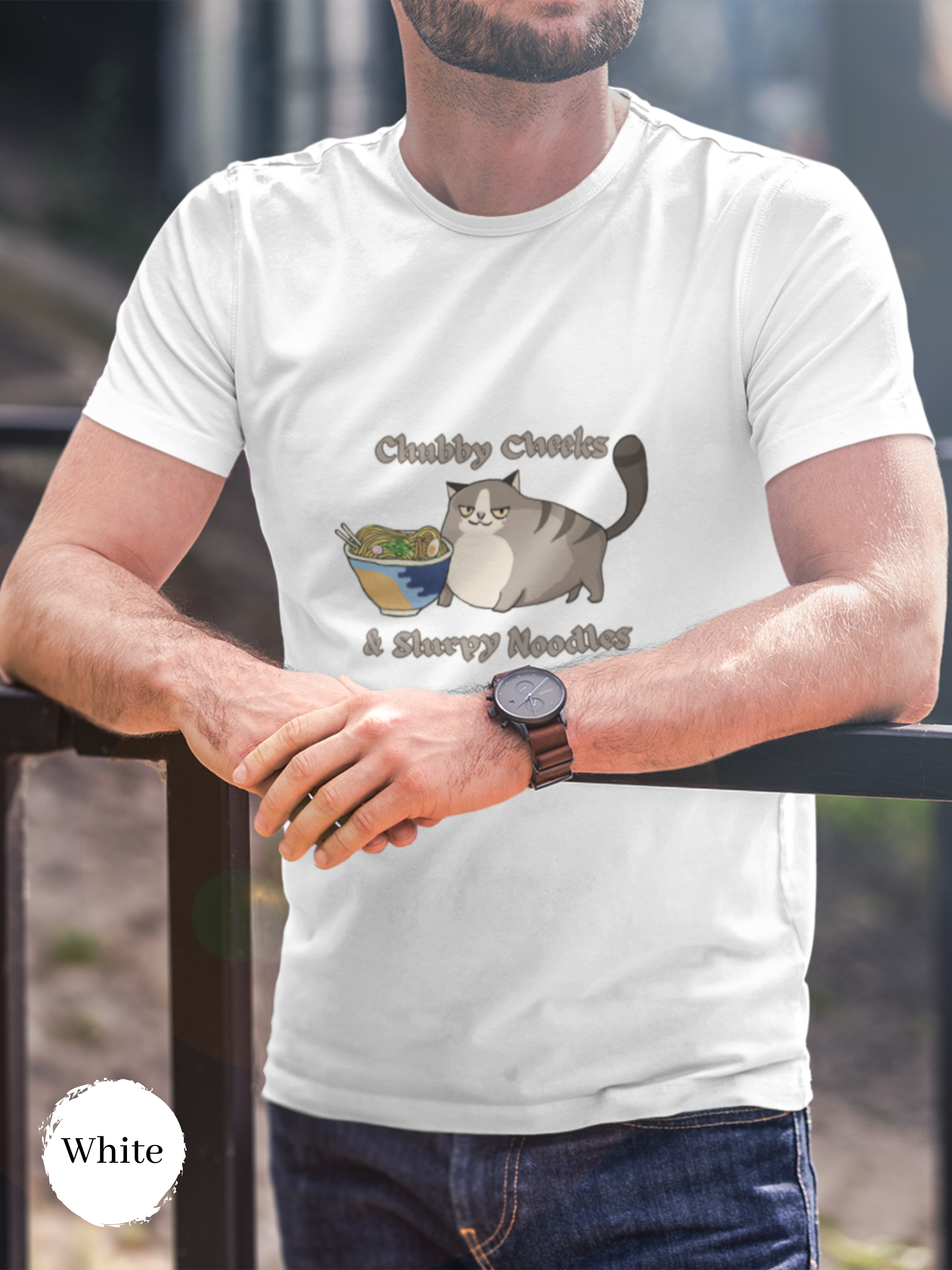 Ramen T-Shirt: Chubby Cheeks and Slurpy Noodles with Mochi Cat - Japanese Foodie Shirt with Ramen Art