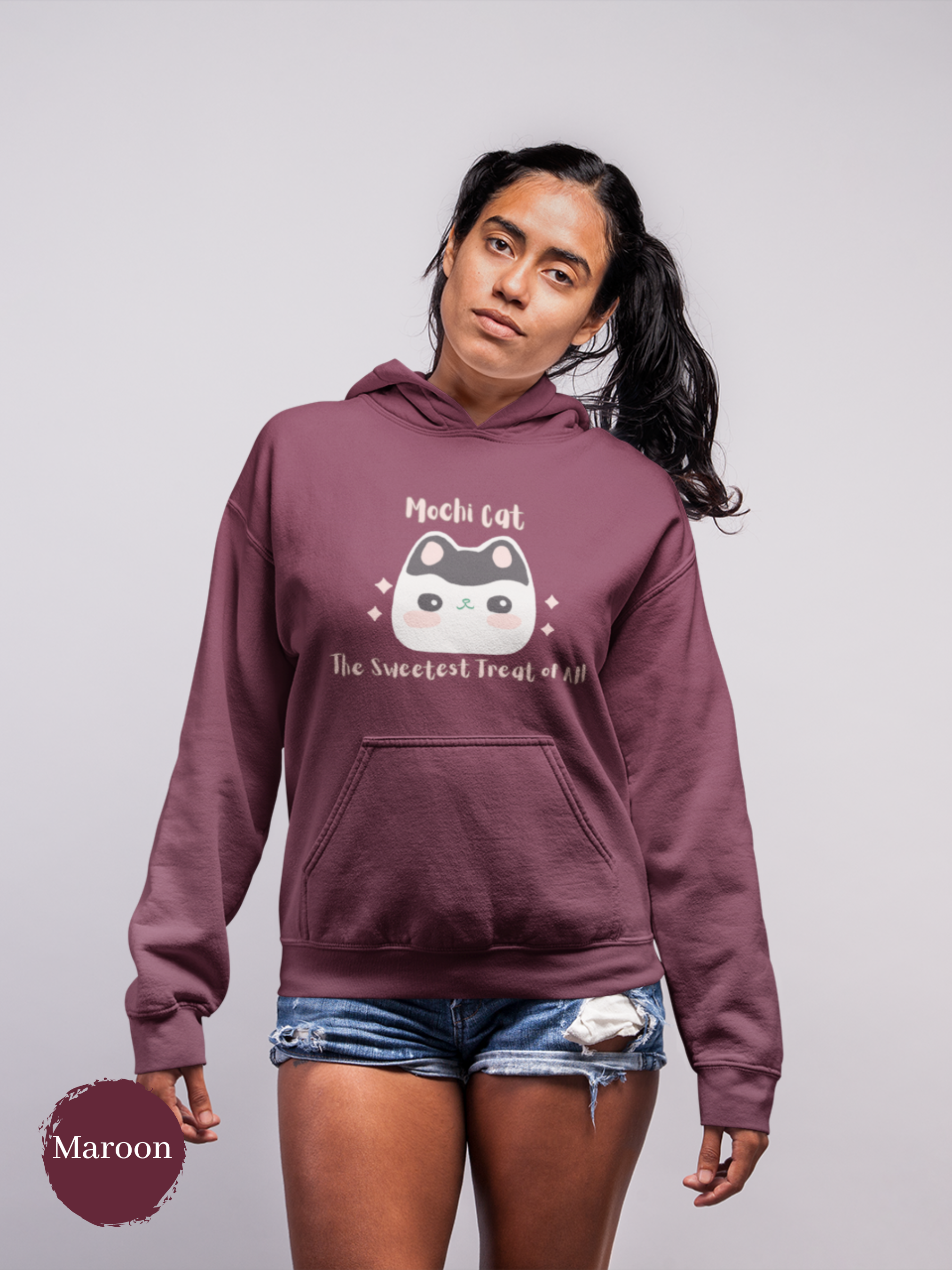 Ramen Hoodie Sweatshirt: Mochi Cat - The Sweetest Treat of All - Japanese Mochi Cat Foodie Hoodie with Mochi Donut and Squishy Design