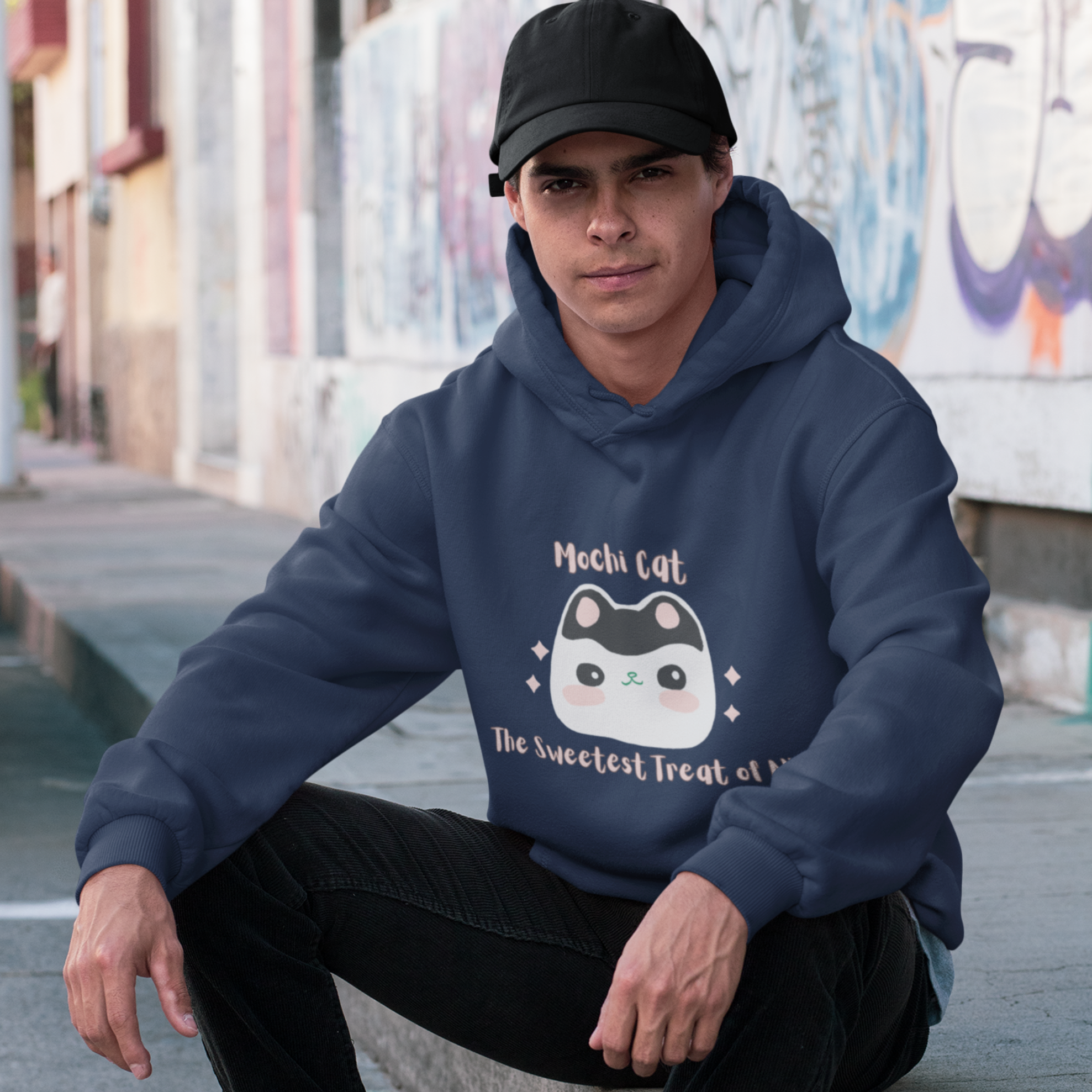 Ramen Hoodie Sweatshirt: Mochi Cat - The Sweetest Treat of All - Japanese Mochi Cat Foodie Hoodie with Mochi Donut and Squishy Design