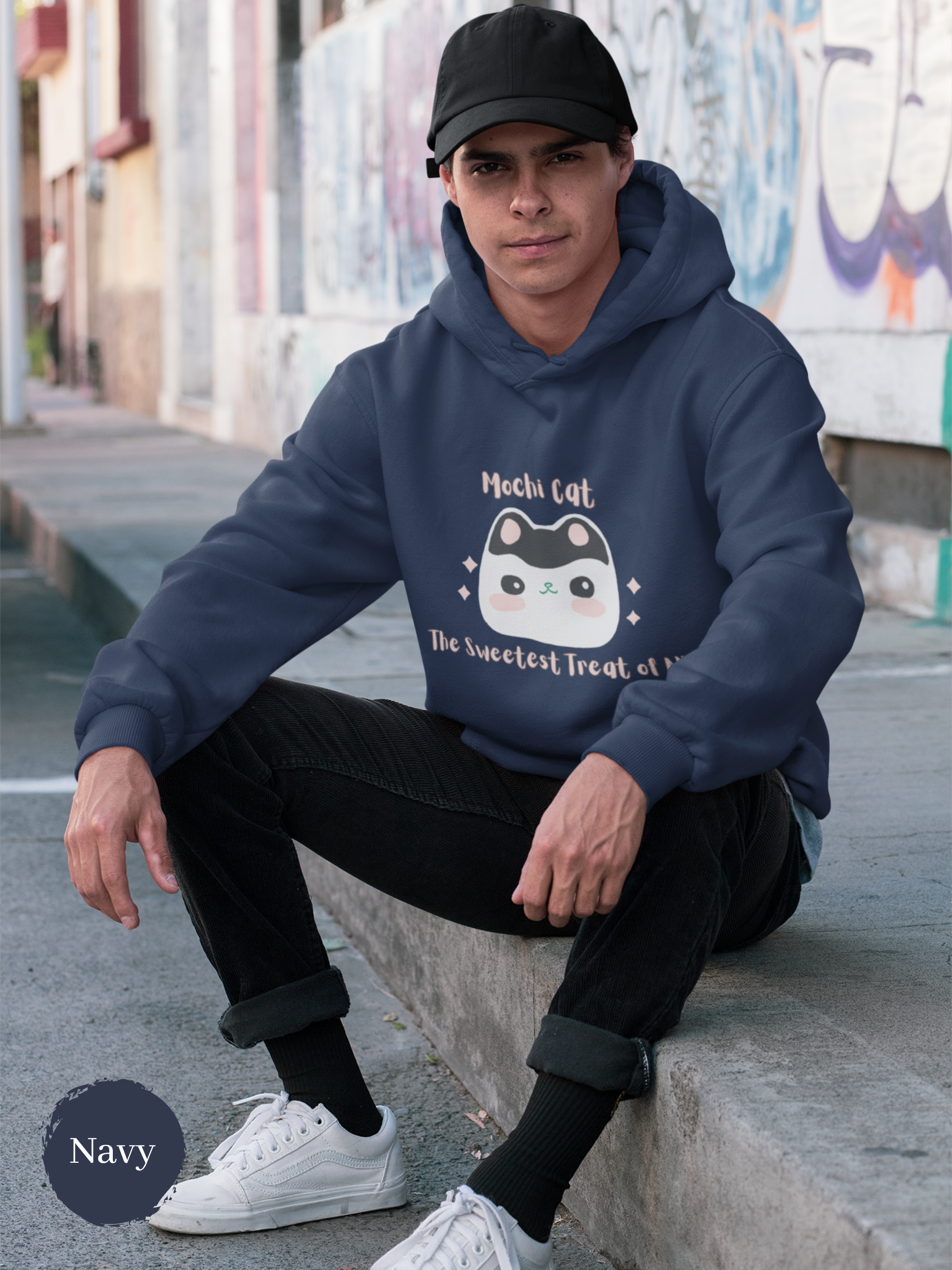 Ramen Hoodie Sweatshirt: Mochi Cat - The Sweetest Treat of All - Japanese Mochi Cat Foodie Hoodie with Mochi Donut and Squishy Design