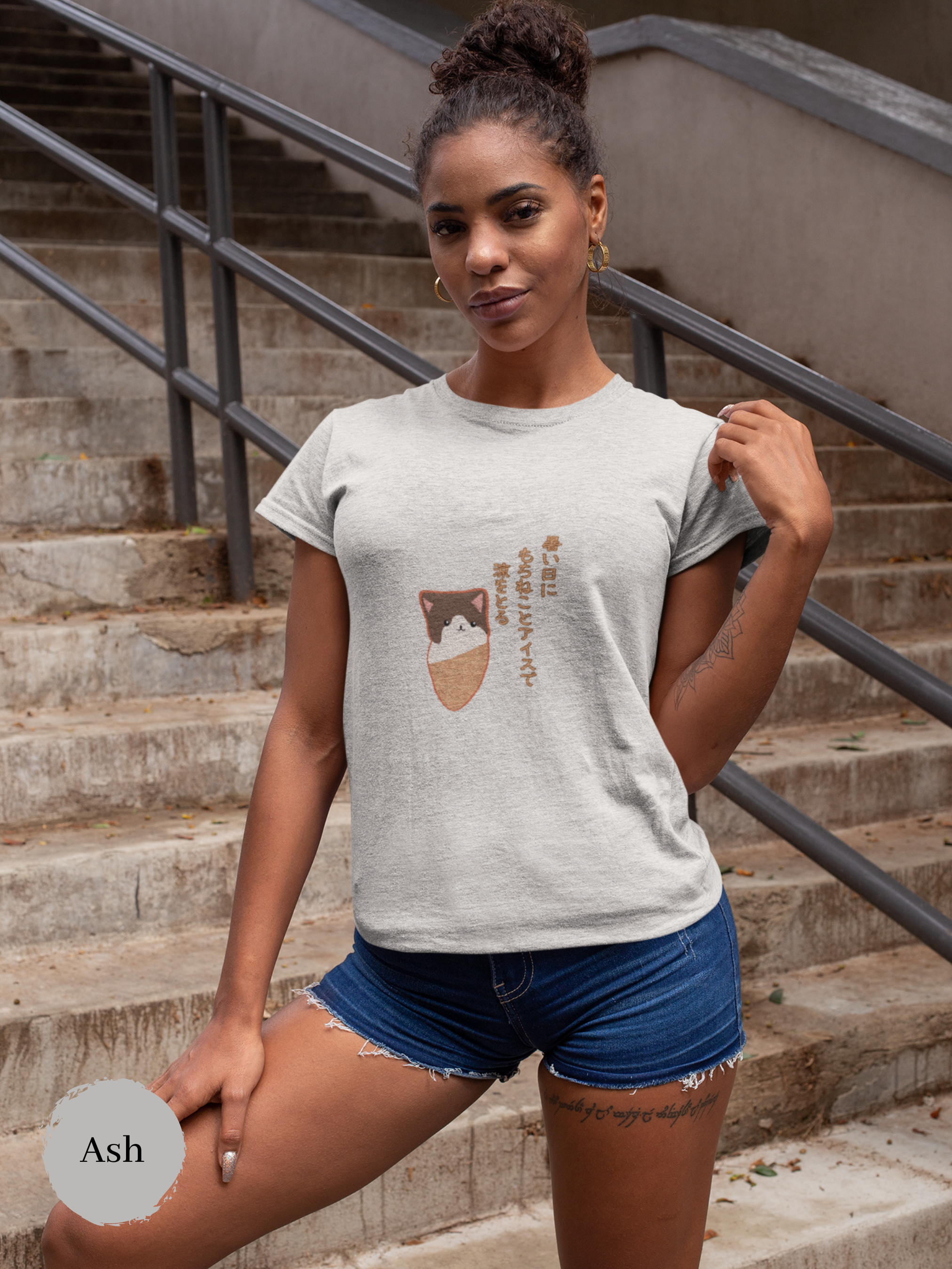 Japanese Haiku T-shirt: Chill with Mochi Cat and Ice Cream on Hot Summer Days - Japanese Foodie Shirt with Mochineko Art