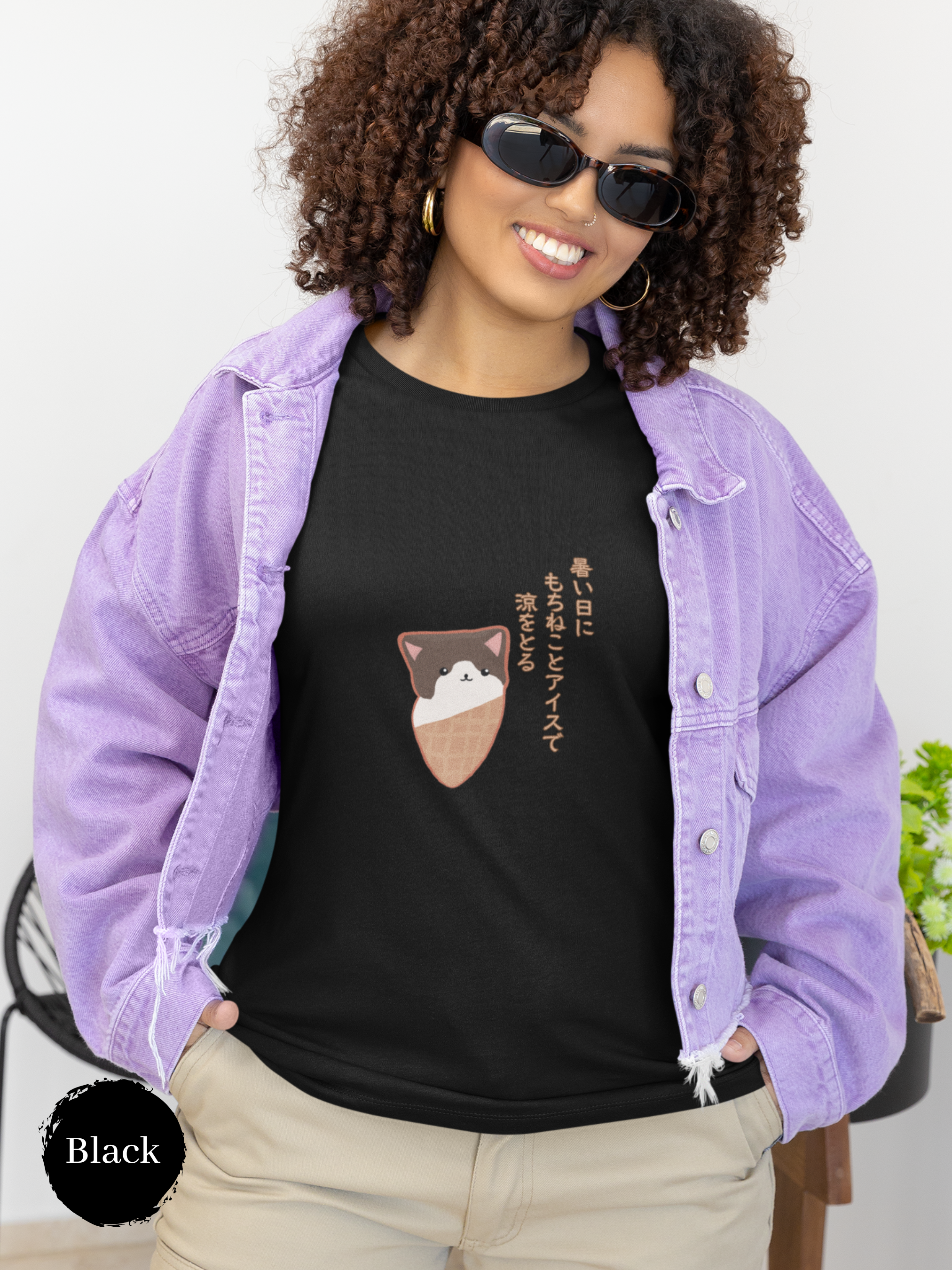 Japanese Haiku T-shirt: Chill with Mochi Cat and Ice Cream on Hot Summer Days - Japanese Foodie Shirt with Mochineko Art