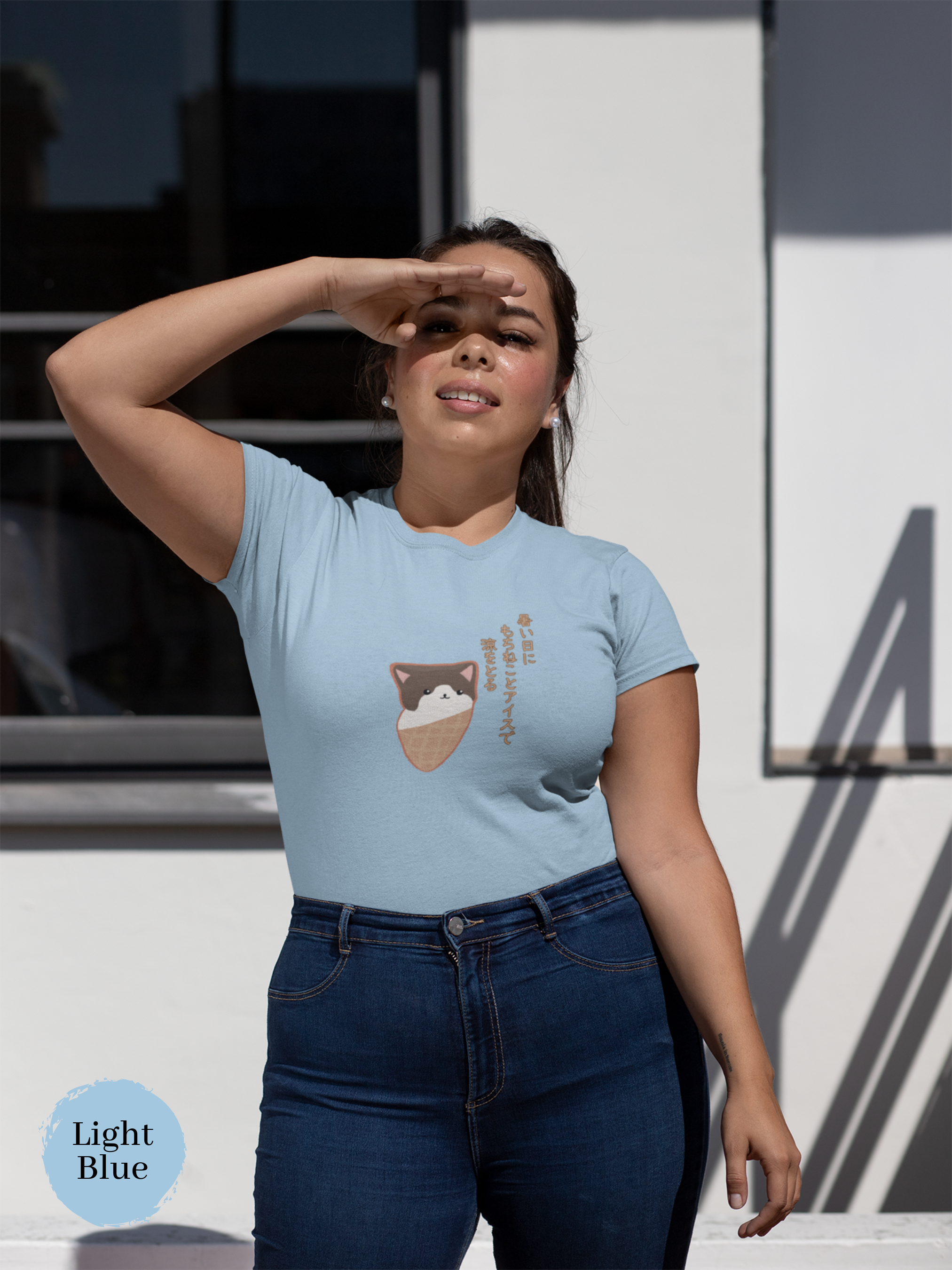 Japanese Haiku T-shirt: Chill with Mochi Cat and Ice Cream on Hot Summer Days - Japanese Foodie Shirt with Mochineko Art
