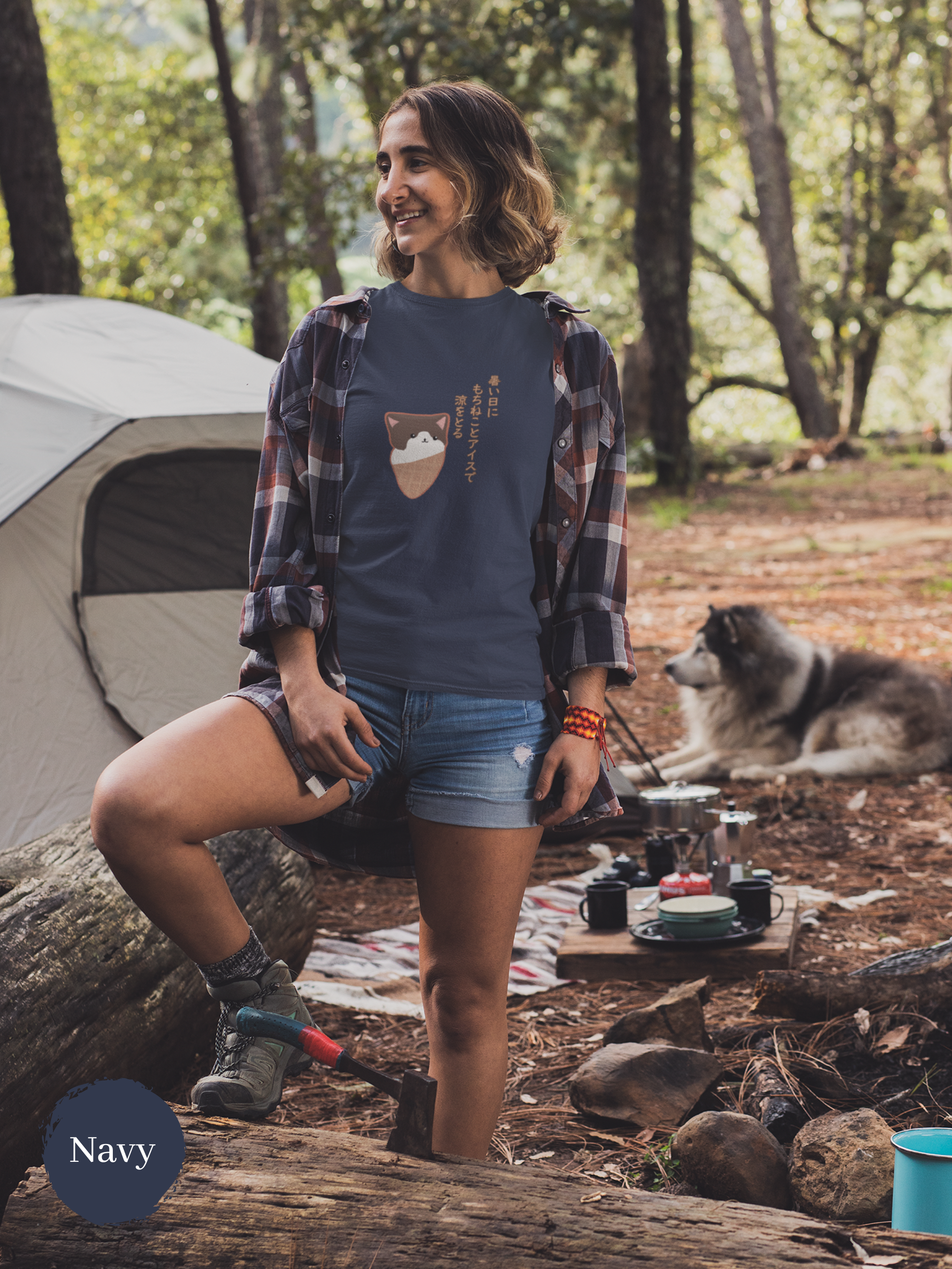 Japanese Haiku T-shirt: Chill with Mochi Cat and Ice Cream on Hot Summer Days - Japanese Foodie Shirt with Mochineko Art