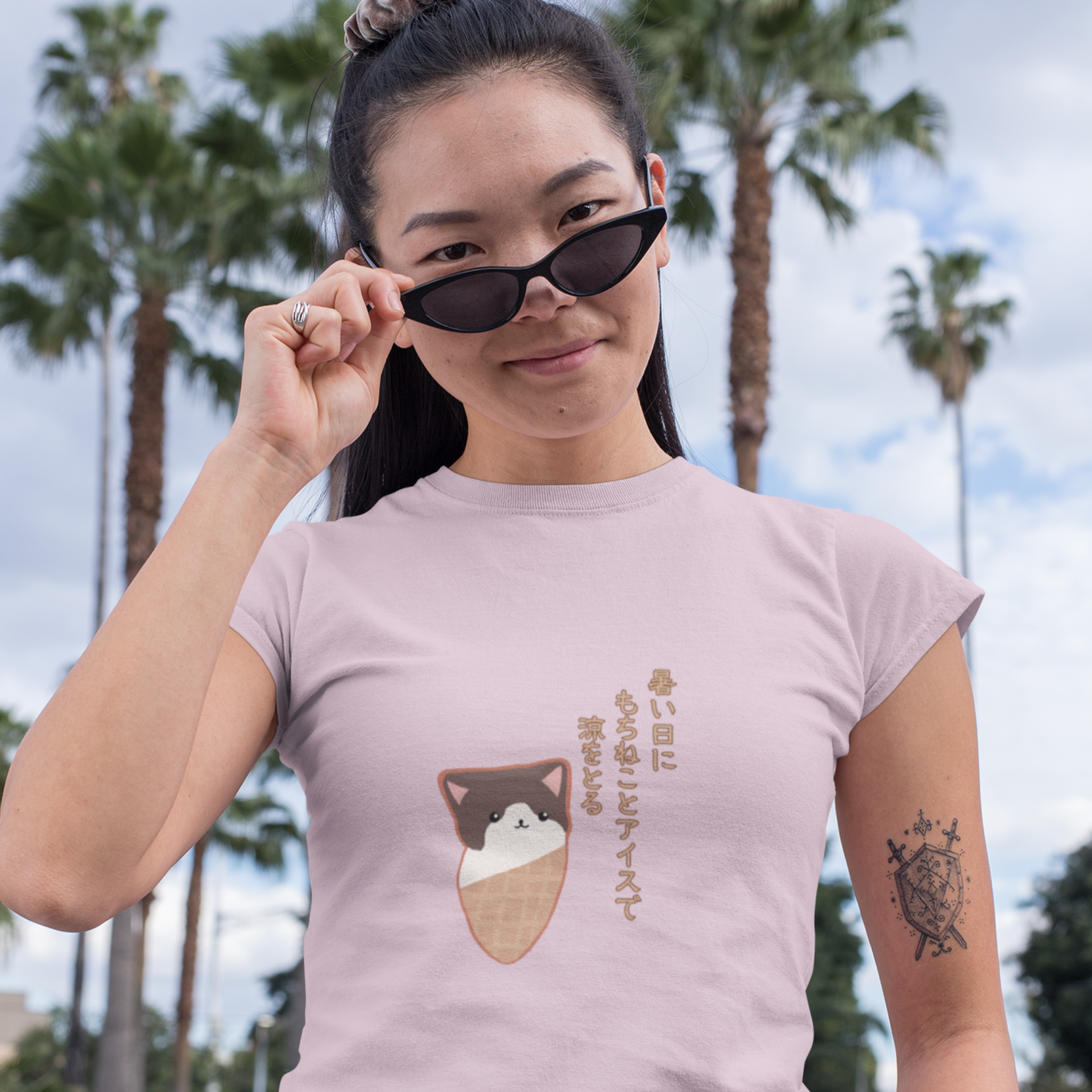 Japanese Haiku T-shirt: Chill with Mochi Cat and Ice Cream on Hot Summer Days - Japanese Foodie Shirt with Mochineko Art