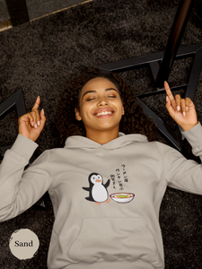 Ramen Hoodie: Serene Penguin Encounter - Haiku-inspired Asian Food Hoodie with Penguin and Ramen Art