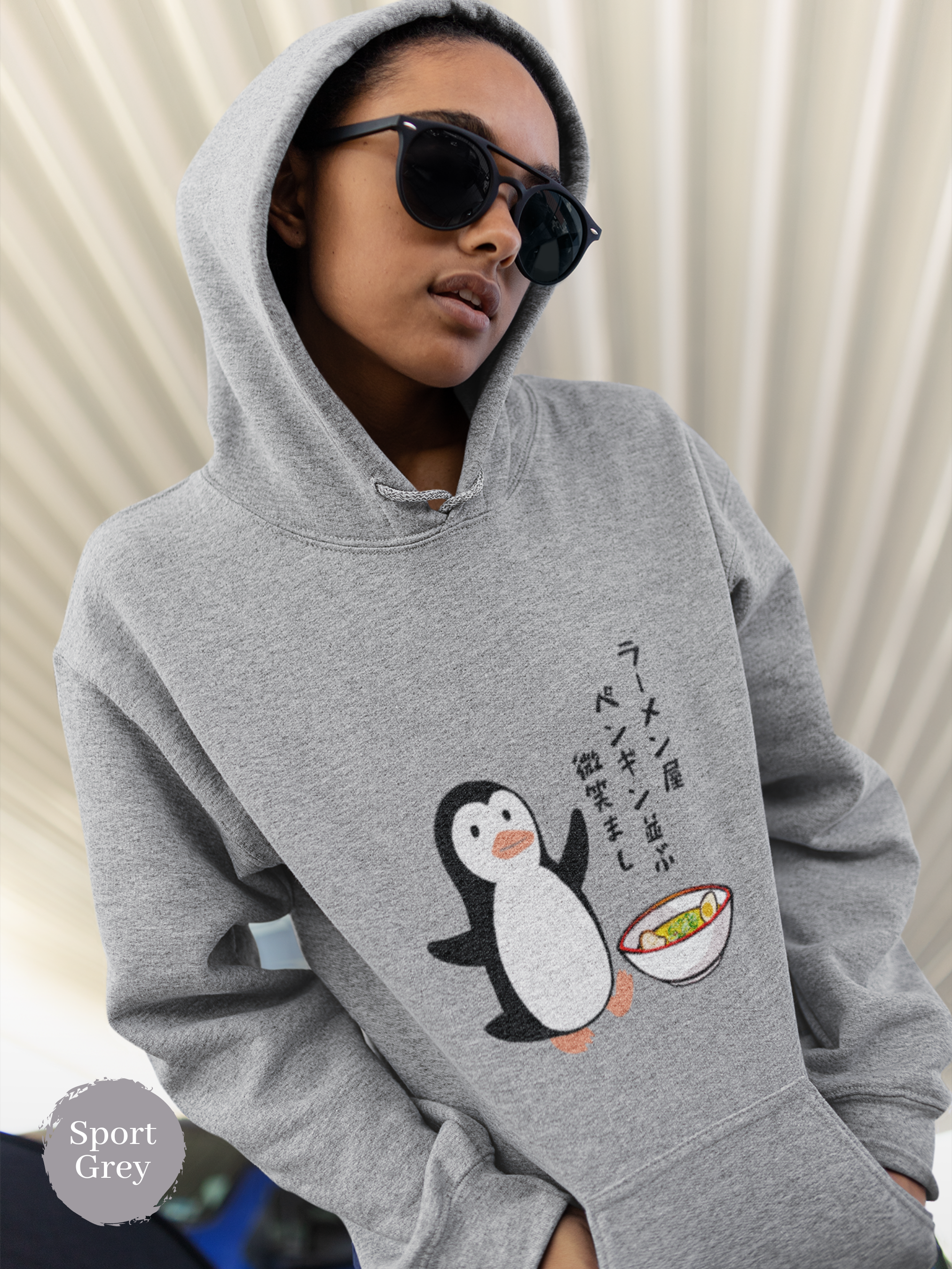 Ramen Hoodie: Serene Penguin Encounter - Haiku-inspired Asian Food Hoodie with Penguin and Ramen Art