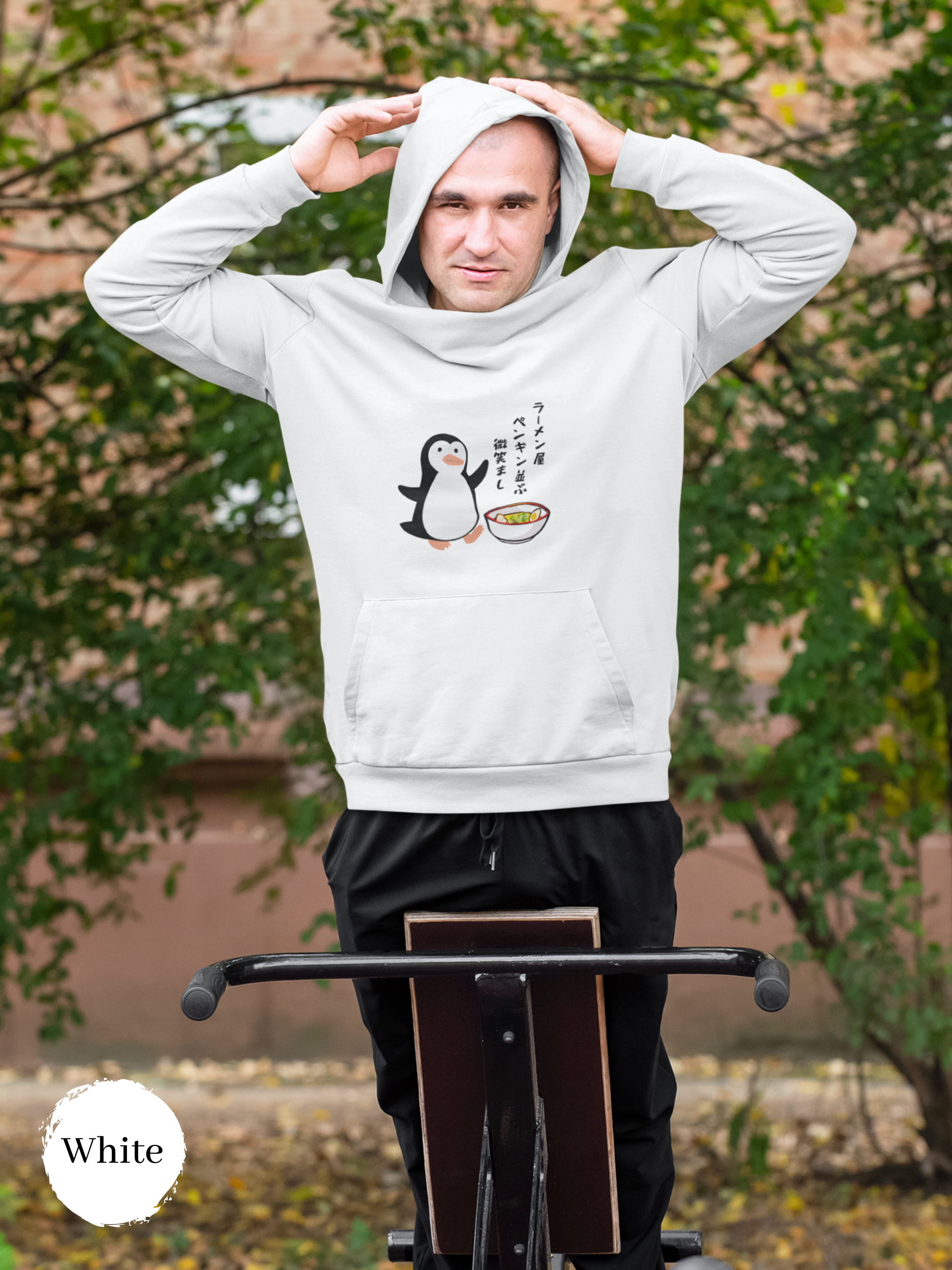 Ramen Hoodie: Serene Penguin Encounter - Haiku-inspired Asian Food Hoodie with Penguin and Ramen Art