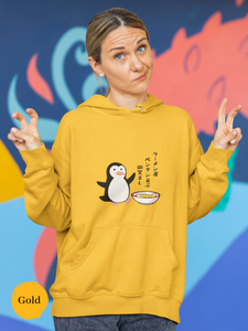 Ramen Hoodie: Serene Penguin Encounter - Haiku-inspired Asian Food Hoodie with Penguin and Ramen Art