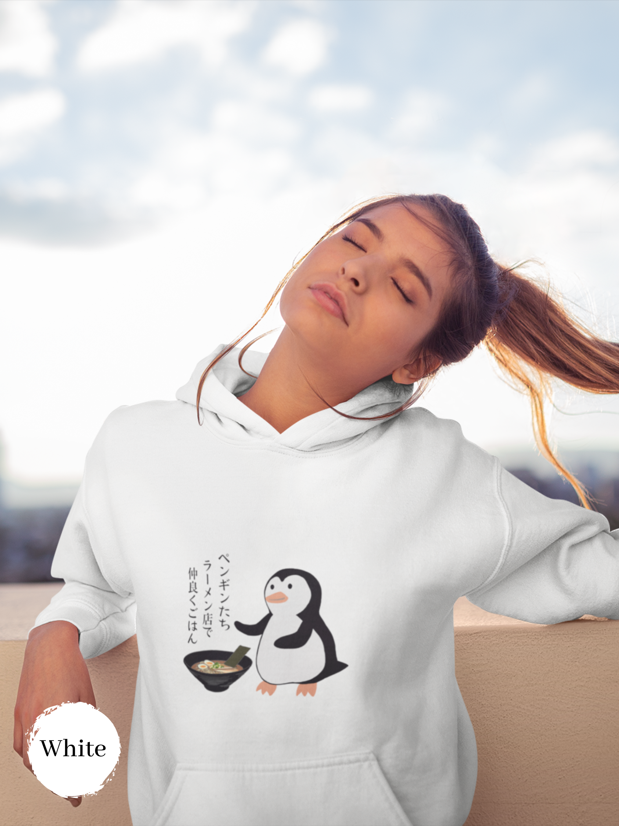 Ramen Hoodie: Penguin Ramen Delight - Foodie Hoodie with Haiku and Ramen Art