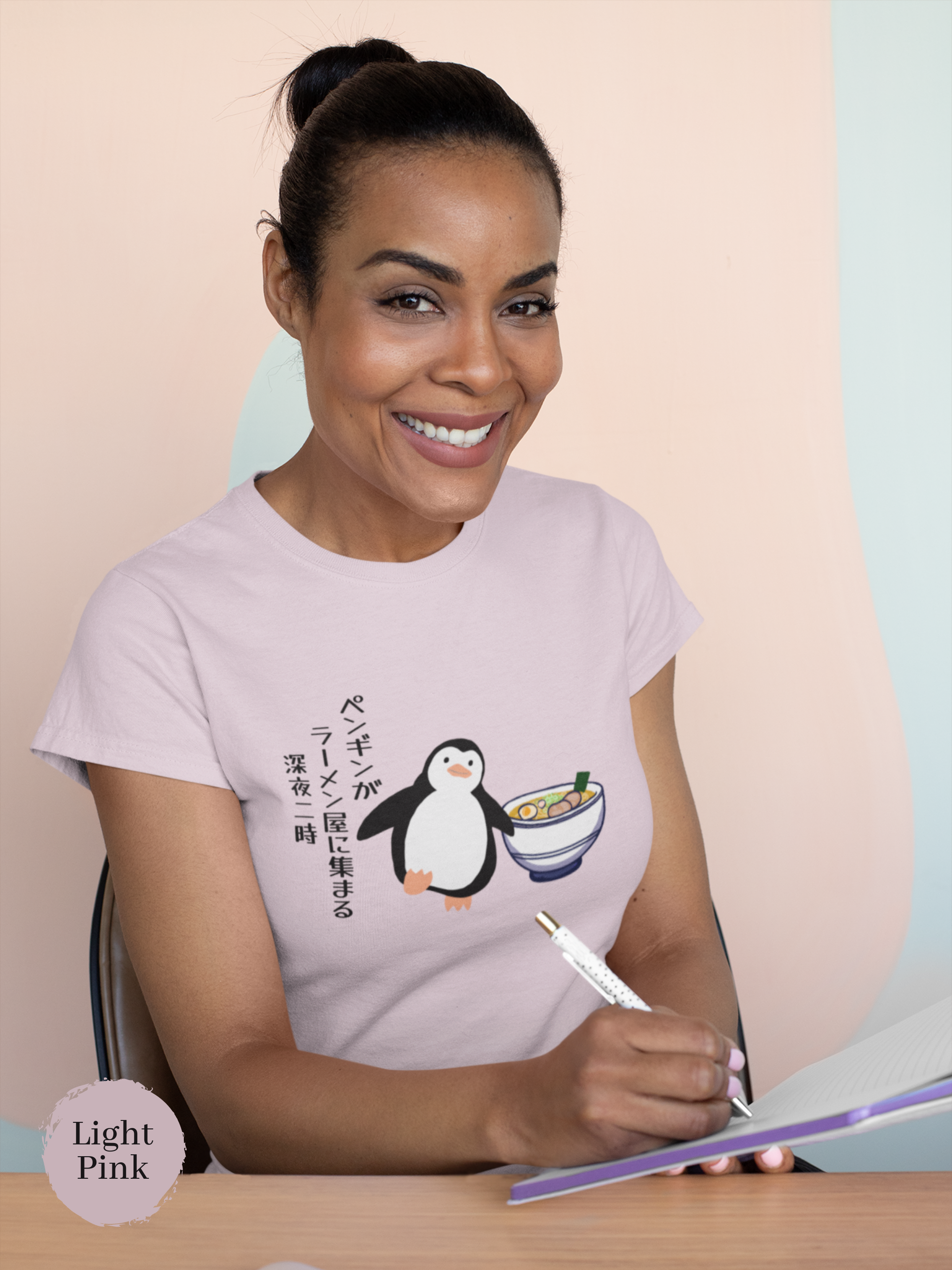 Ramen T-shirt: Penguin Gathering at Midnight Ramen Shop - Japanese Haiku and Ramen Art Design - Foodie Shirt