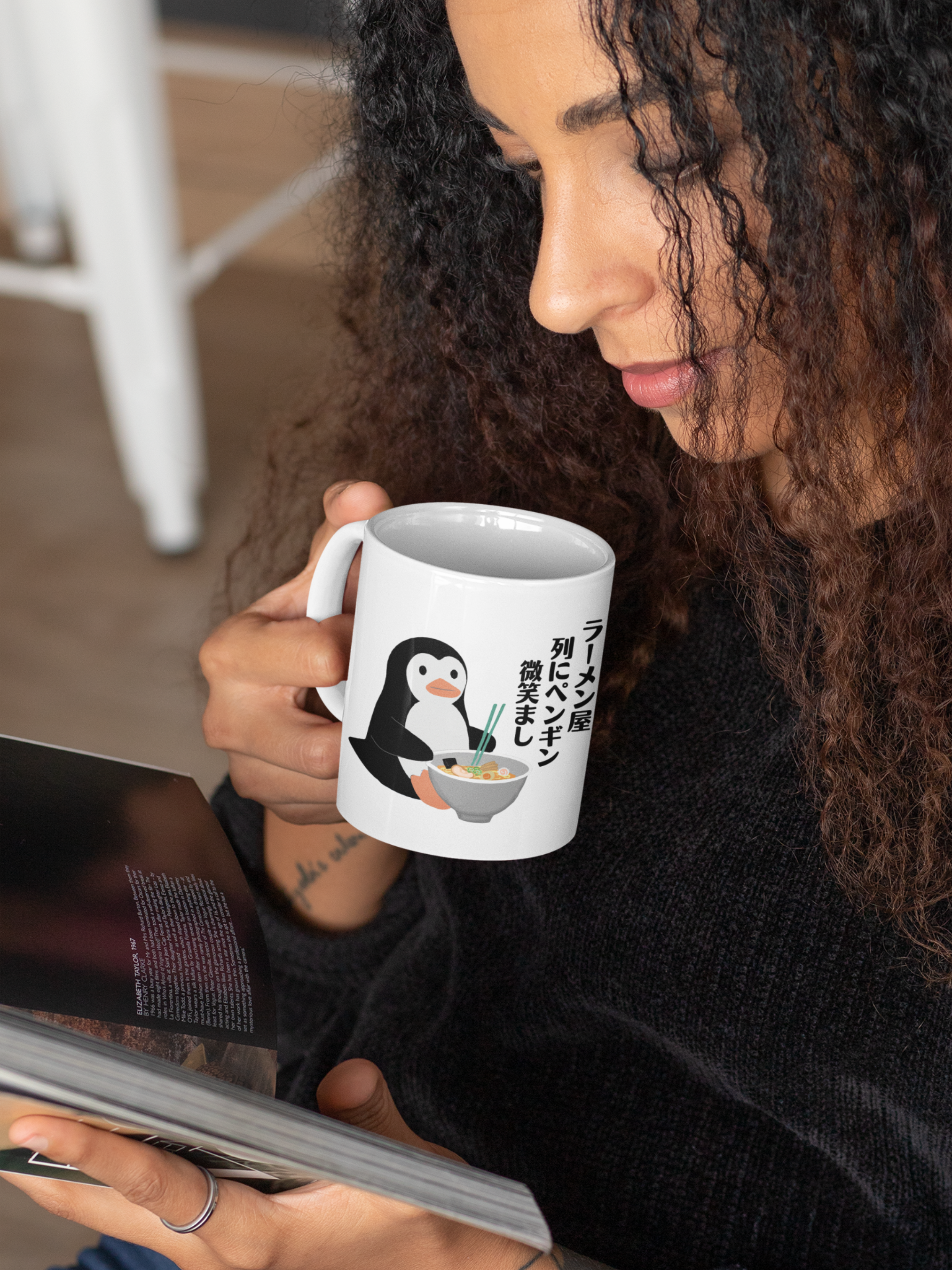 Penguin Coffee Mug: Charming Ramen Shop Haiku - Smiling Penguin Illustration - Penguin Art - Penguin Mug for Tea and Coffee Lovers