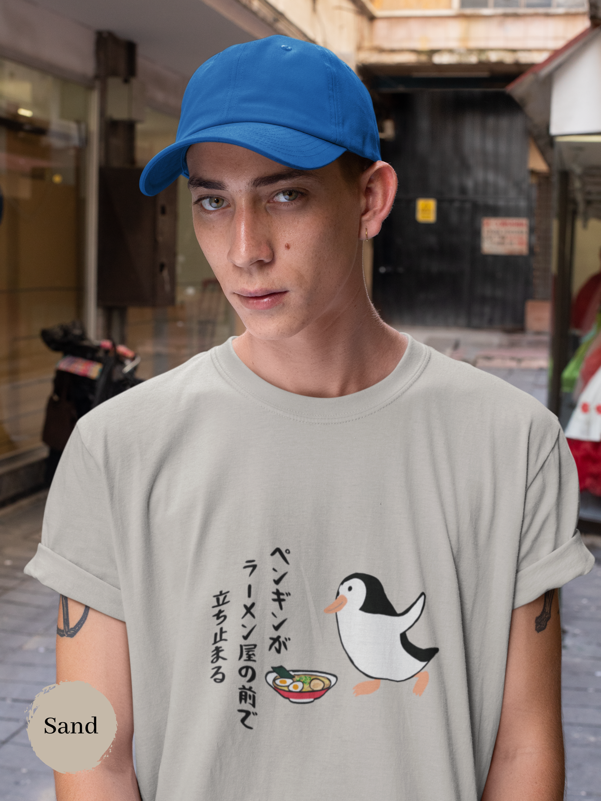 Ramen T-shirt with Haiku Art: Playful Penguin Stops at Ramen Shop - Japanese Foodie Shirt with Ramen Bowl Illustration