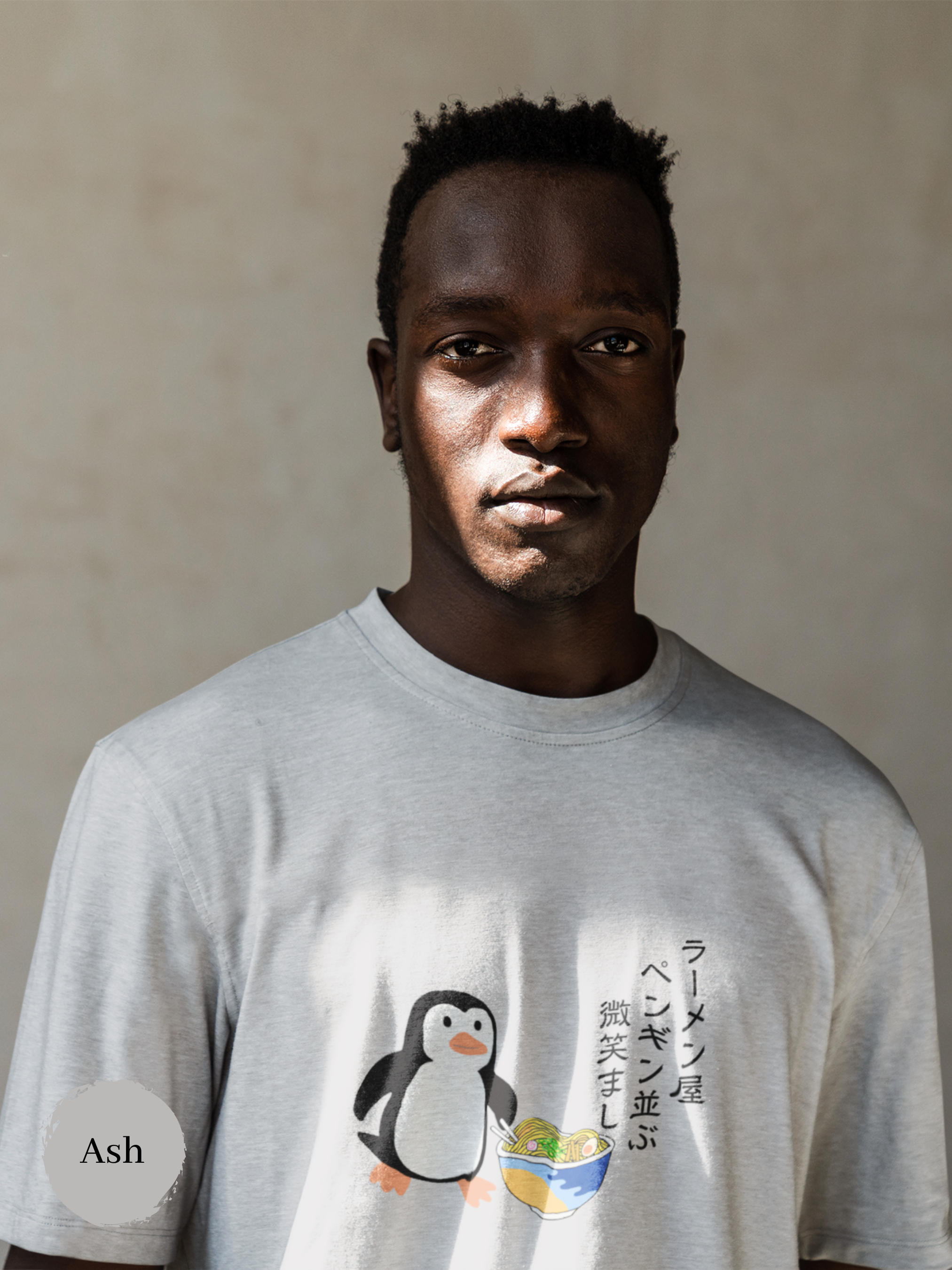 Ramen T-shirt with Haiku: "Penguin Lined Up at Ramen Shop - Delightful Scene" featuring Penguin and Ramen Art, Japanese Foodie Shirt