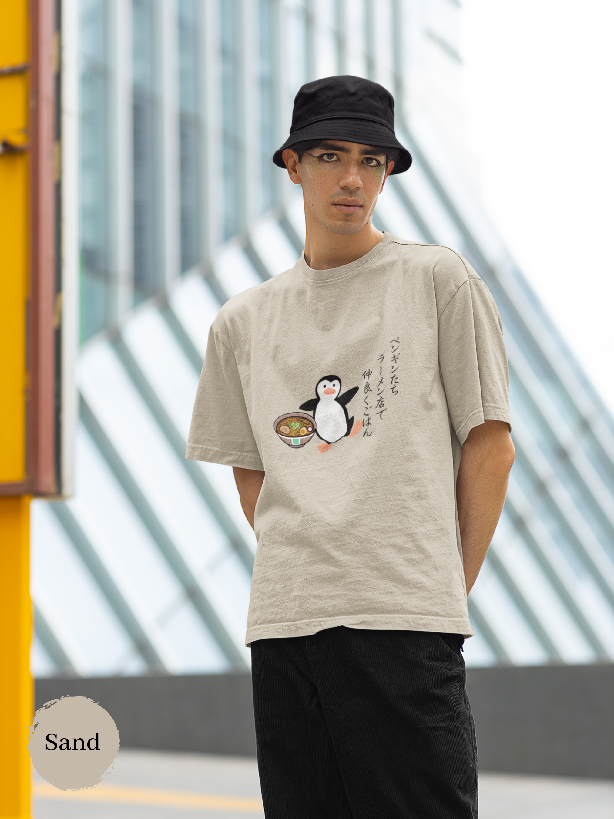 Ramen T-Shirt with Haiku Art: Penguin Friends Dining Together at Japanese Ramen Shop Japanese Asian Text Tee