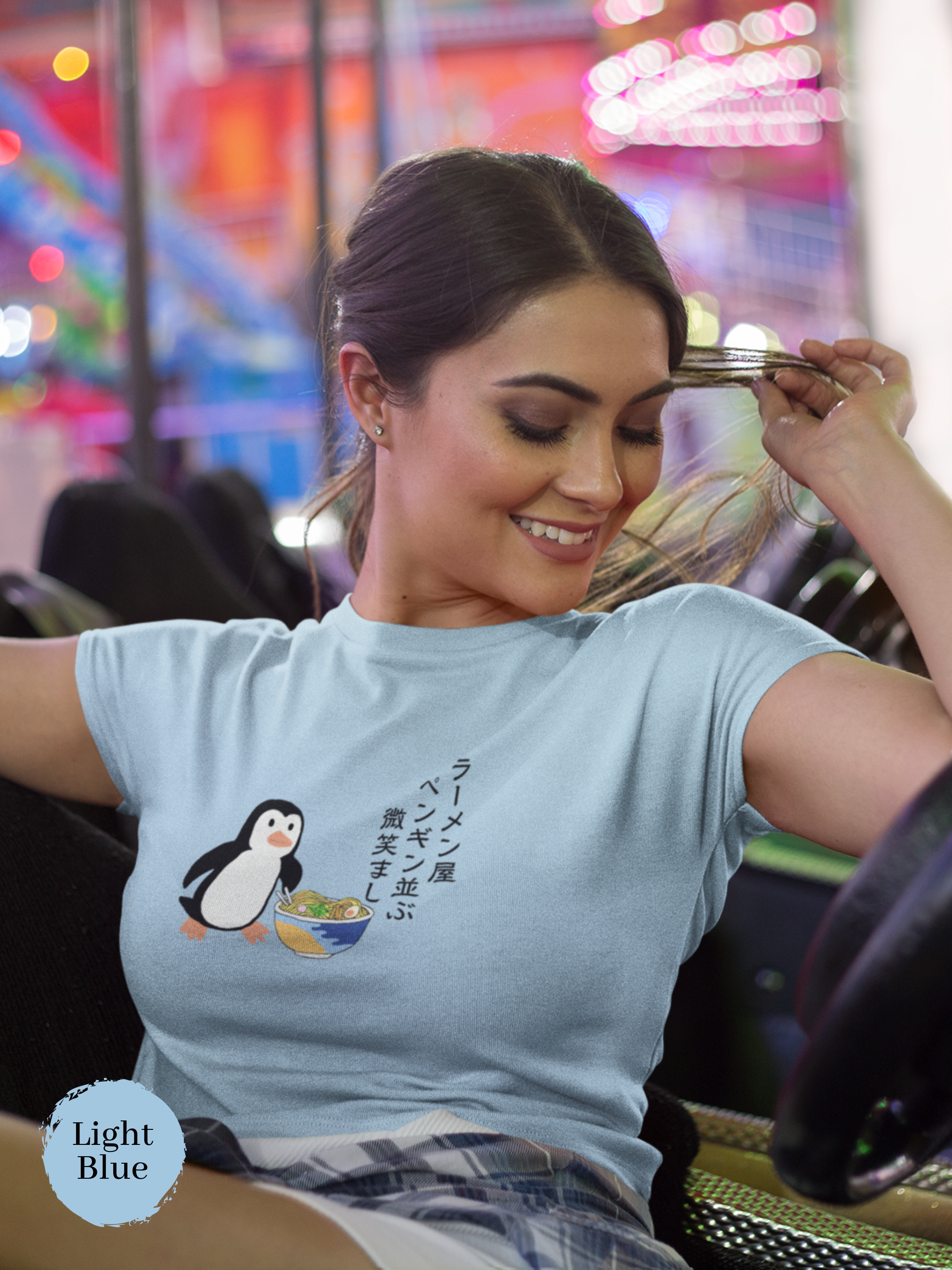 Ramen T-shirt with Haiku: "Penguin Lined Up at Ramen Shop - Delightful Scene" featuring Penguin and Ramen Art, Japanese Foodie Shirt