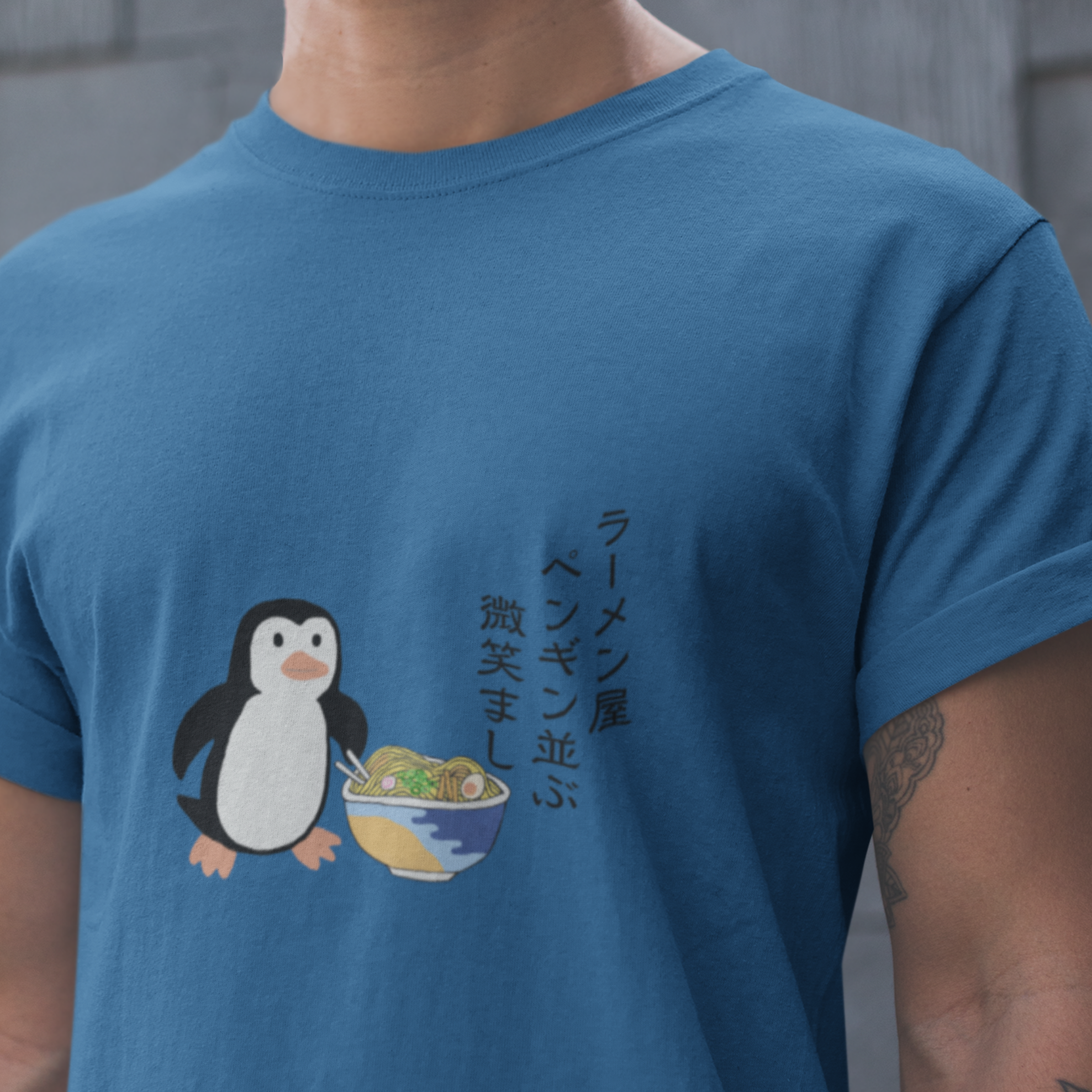 Ramen T-shirt with Haiku: "Penguin Lined Up at Ramen Shop - Delightful Scene" featuring Penguin and Ramen Art, Japanese Foodie Shirt