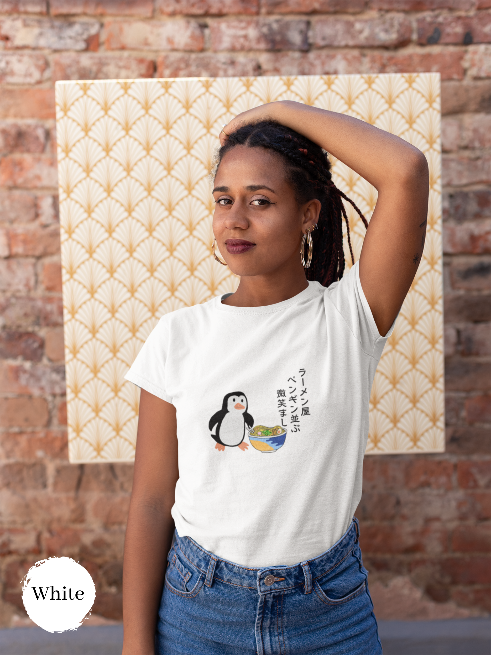 Ramen T-shirt with Haiku: "Penguin Lined Up at Ramen Shop - Delightful Scene" featuring Penguin and Ramen Art, Japanese Foodie Shirt