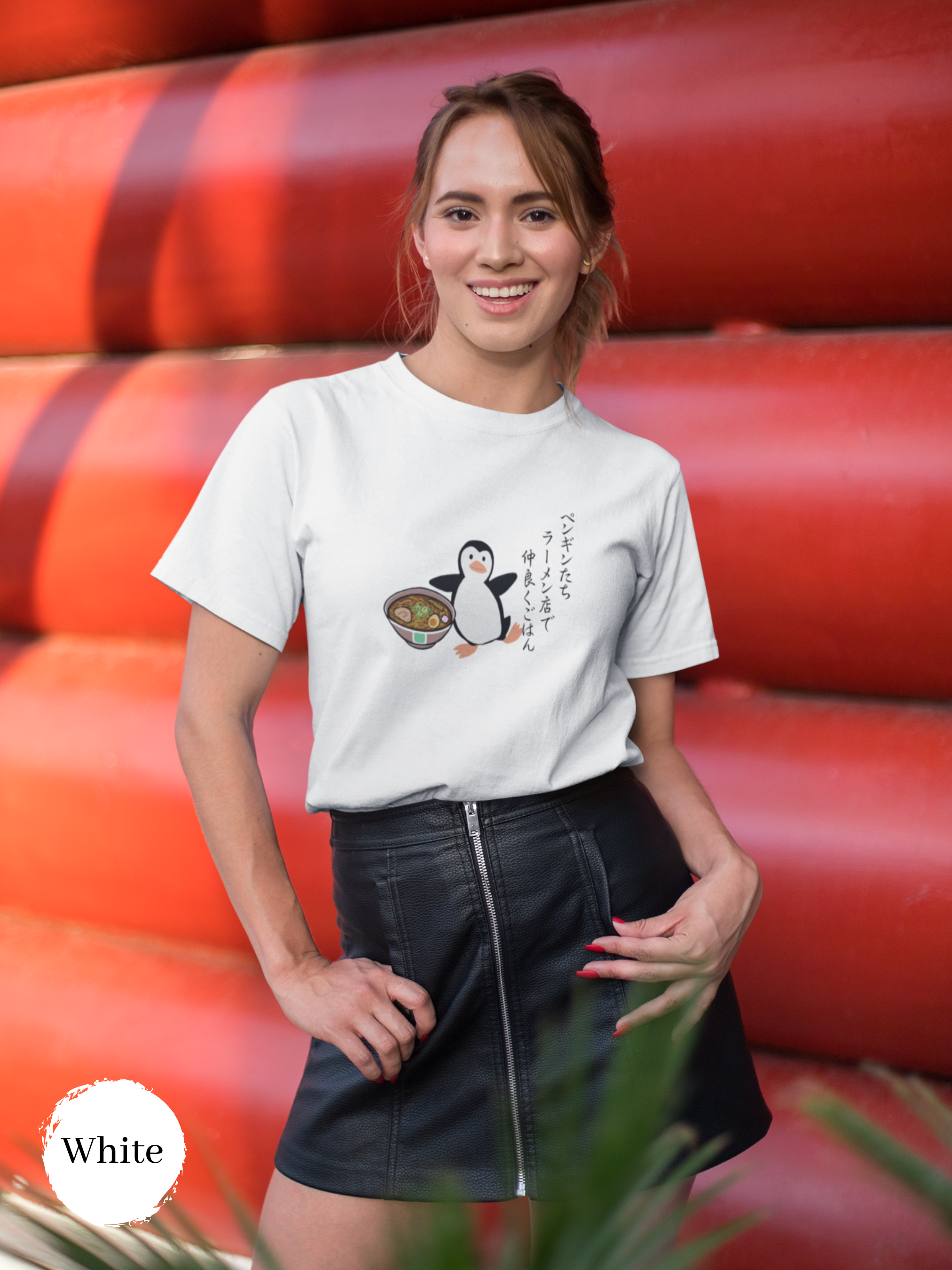Ramen T-Shirt with Haiku Art: Penguin Friends Dining Together at Japanese Ramen Shop Japanese Asian Text Tee