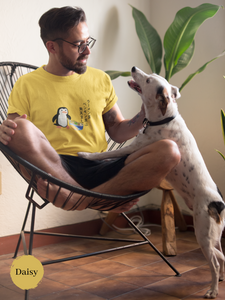Ramen T-shirt with Haiku: "Penguin Lined Up at Ramen Shop - Delightful Scene" featuring Penguin and Ramen Art, Japanese Foodie Shirt