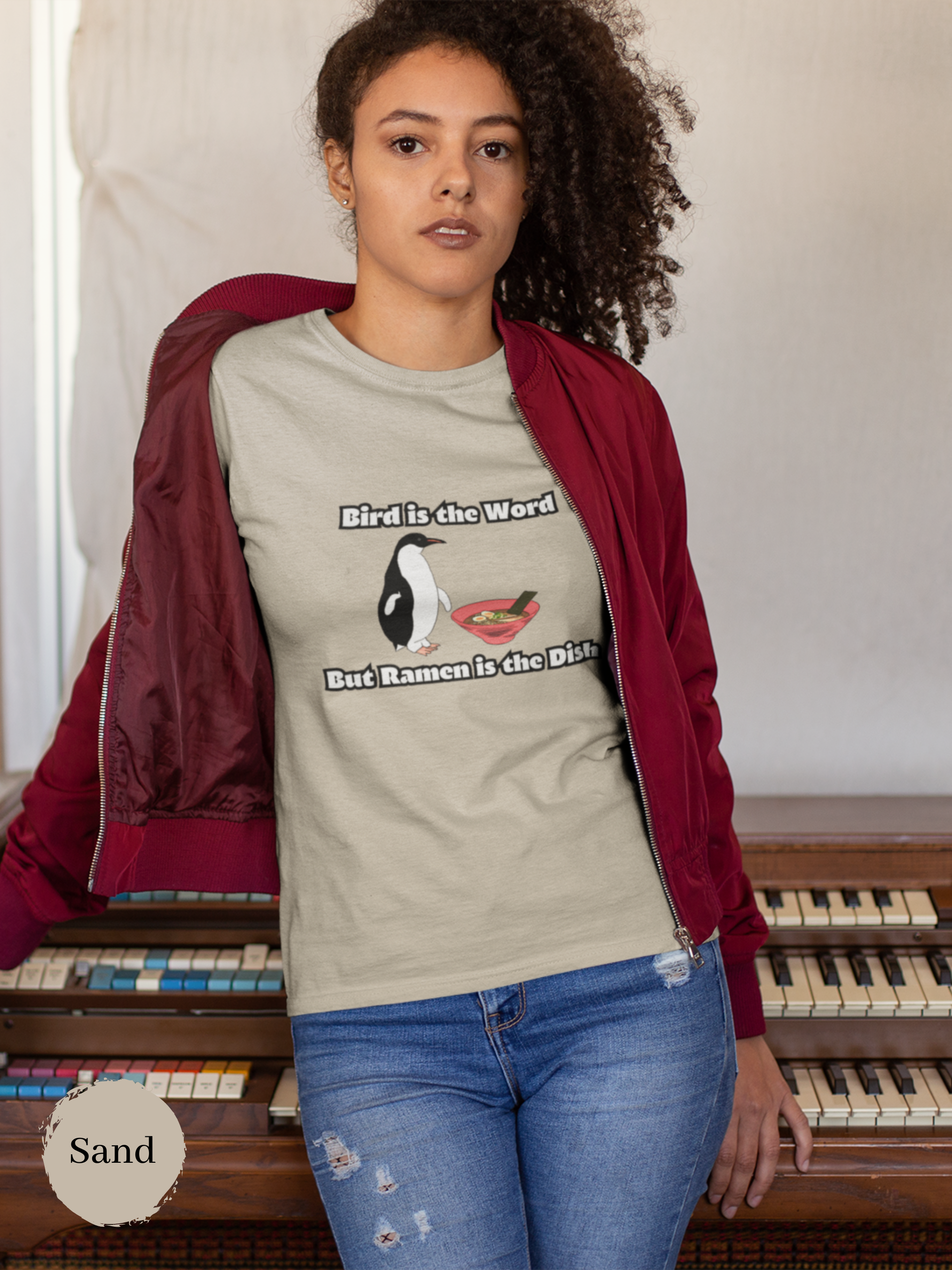 Ramen T-shirt: "Bird is the Word but Ramen is the Dish" with Cute Penguin Illustration - Japanese Foodie Shirt and Ramen Art