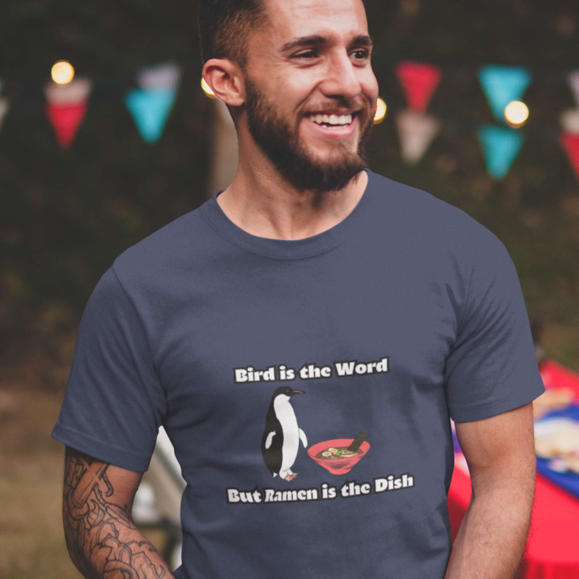 Ramen T-shirt: "Bird is the Word but Ramen is the Dish" with Cute Penguin Illustration - Japanese Foodie Shirt and Ramen Art