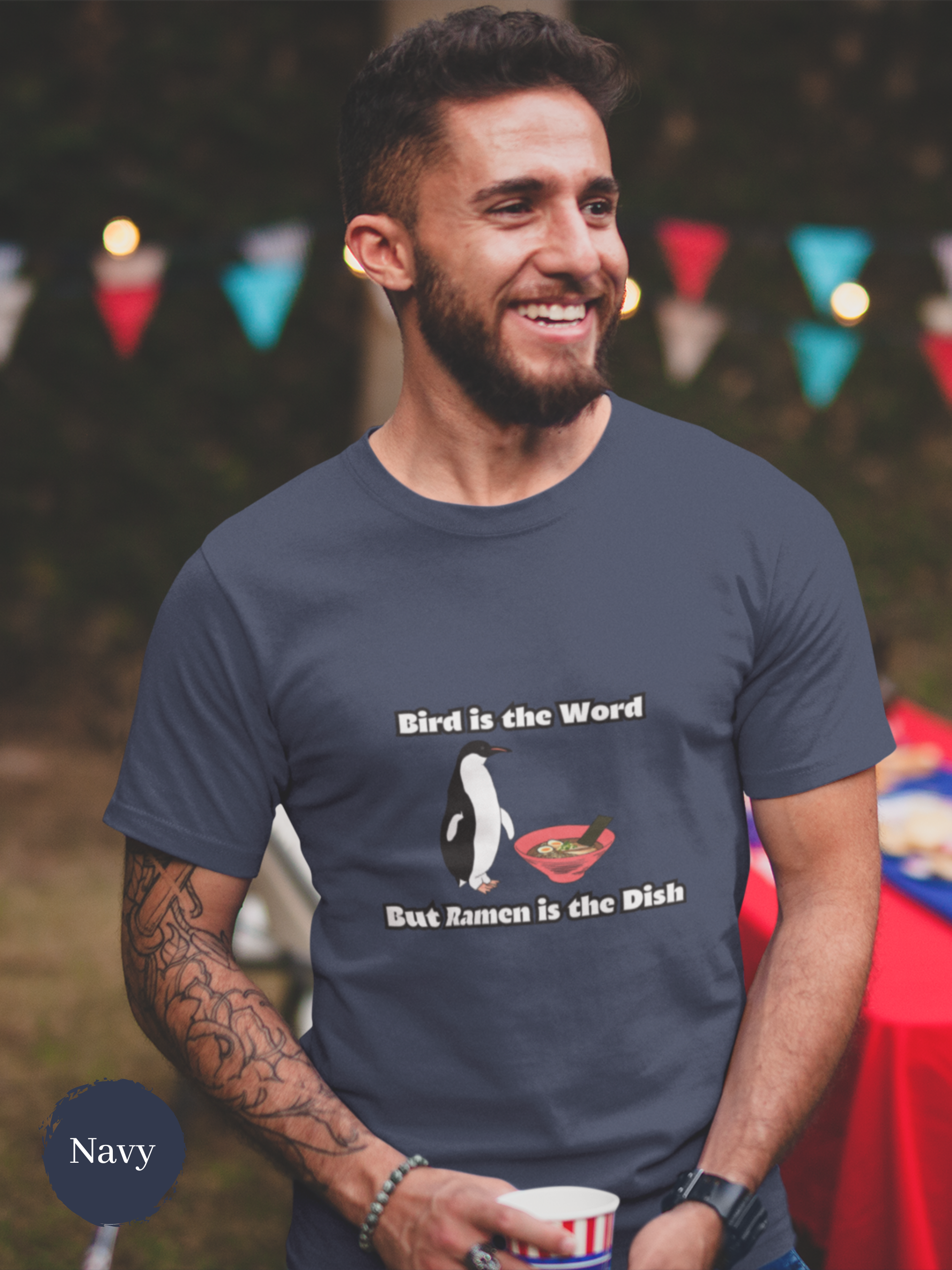 Ramen T-shirt: "Bird is the Word but Ramen is the Dish" with Cute Penguin Illustration - Japanese Foodie Shirt and Ramen Art