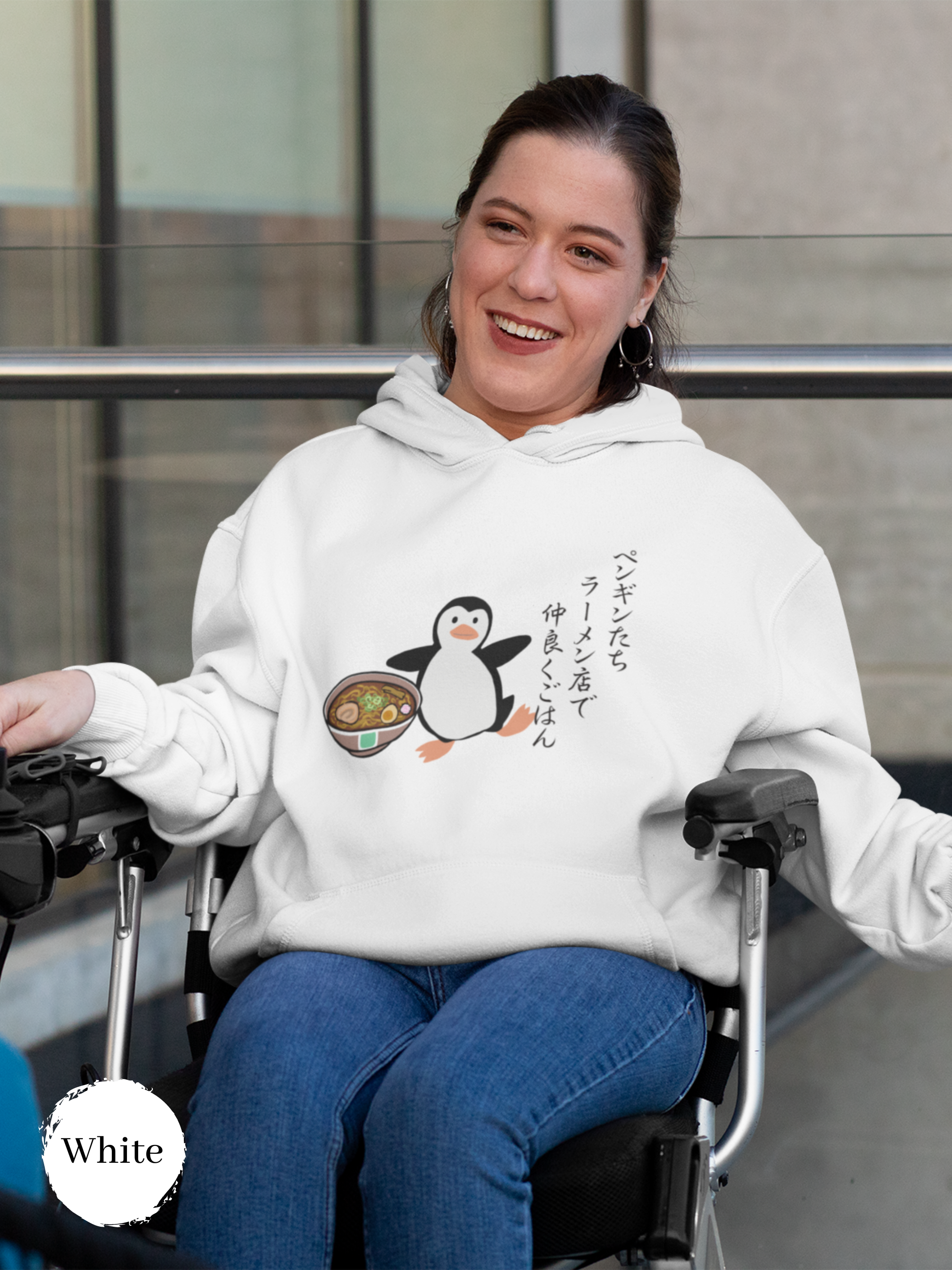 Ramen Hoodie: Japanese Haiku Sweatshirt with Penguins Eating Ramen Together in Harmony - Asian Foodie Hoodie with Cute Ramen Art