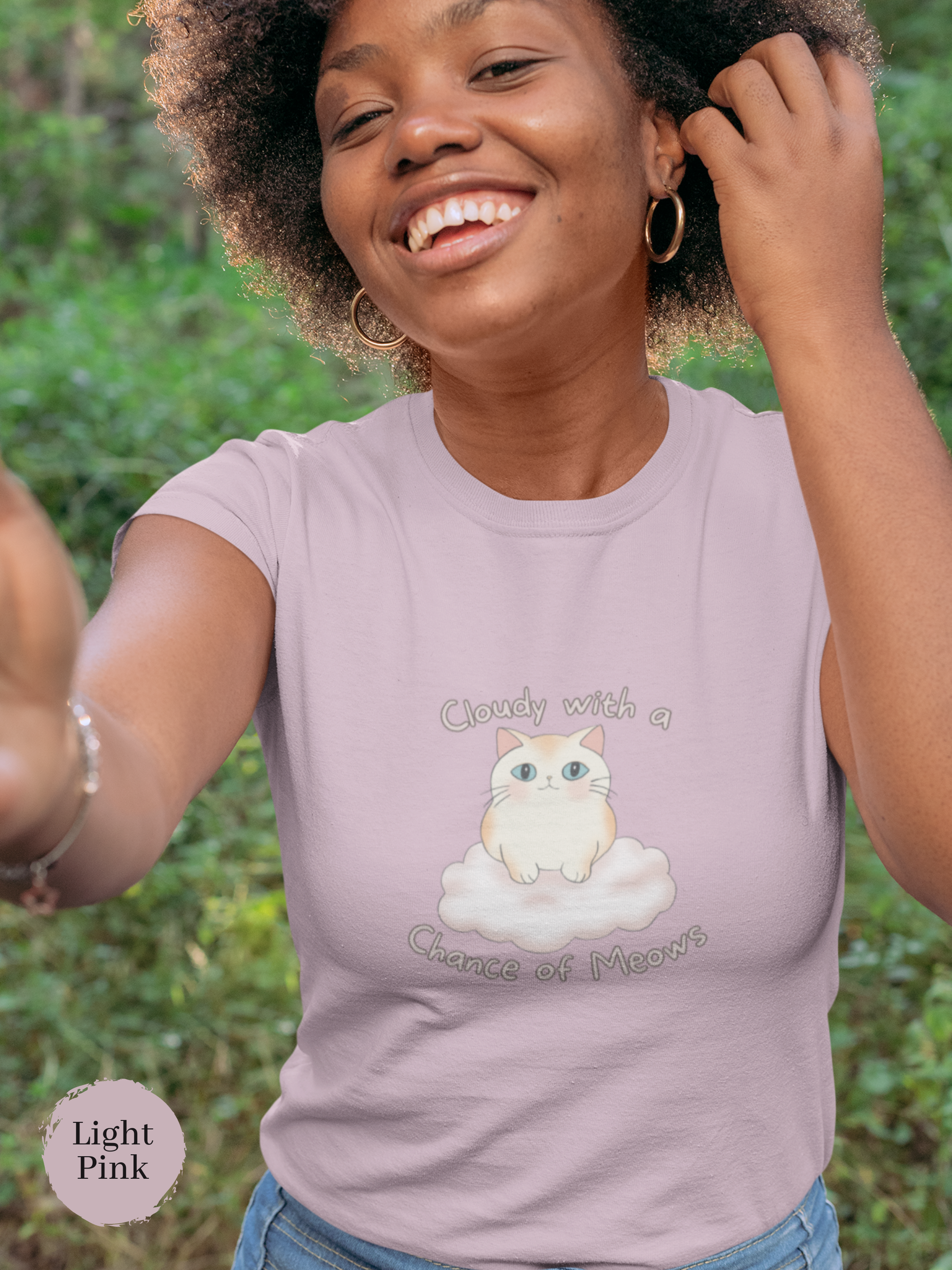 Cat T-shirt: Cloudy with a Chance of Meows - Cute Chubby Cat on Cloud - Japanese Cat Art Tee