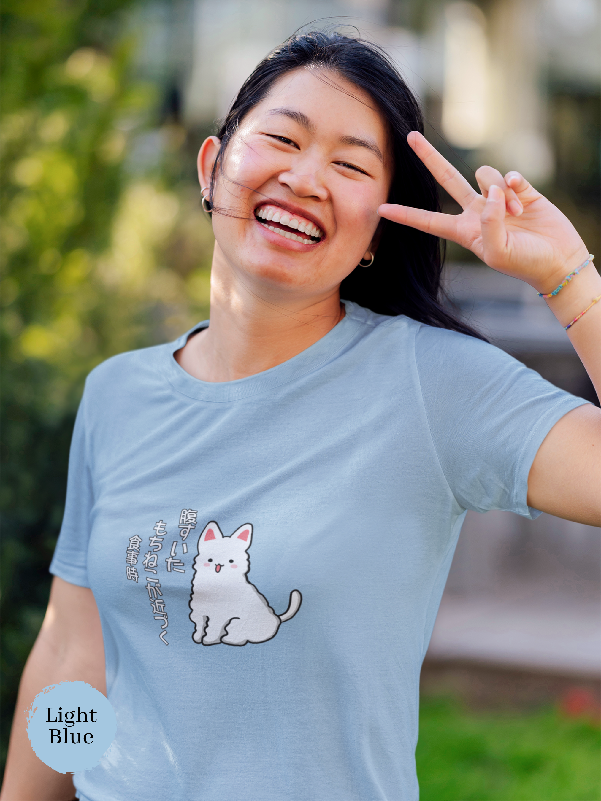 Mochi Cat T-shirt with Haiku: Hungry Cat Approaches Mealtime by Ramen Bowl - Japanese Foodie Shirt with Cute Cat Art