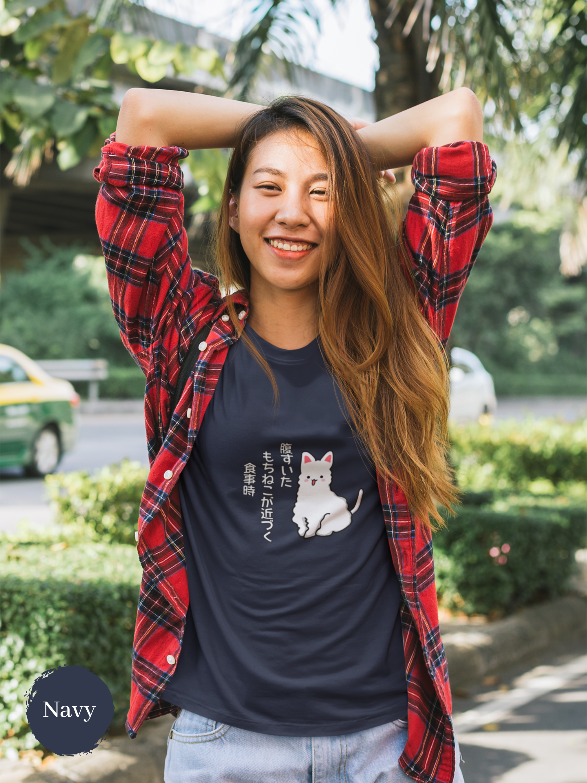 Mochi Cat T-shirt with Haiku: Hungry Cat Approaches Mealtime by Ramen Bowl - Japanese Foodie Shirt with Cute Cat Art
