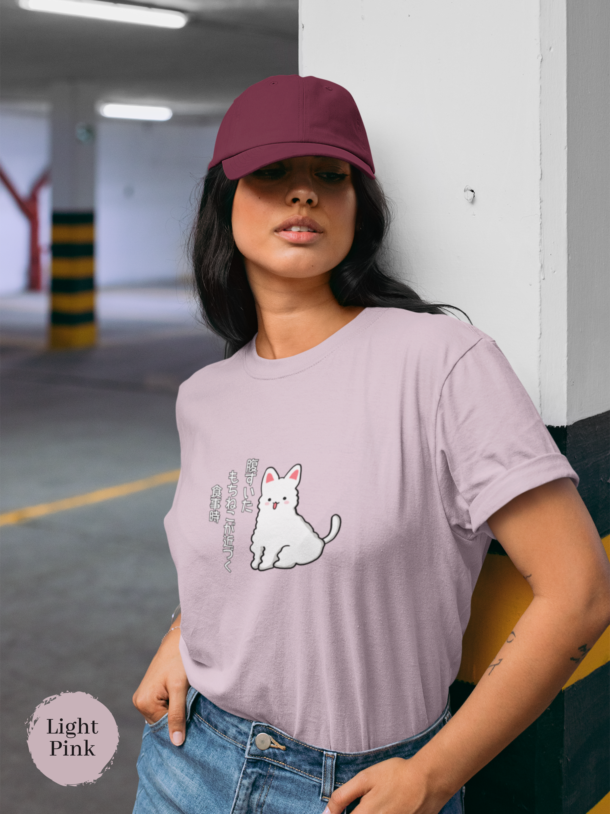 Mochi Cat T-shirt with Haiku: Hungry Cat Approaches Mealtime by Ramen Bowl - Japanese Foodie Shirt with Cute Cat Art