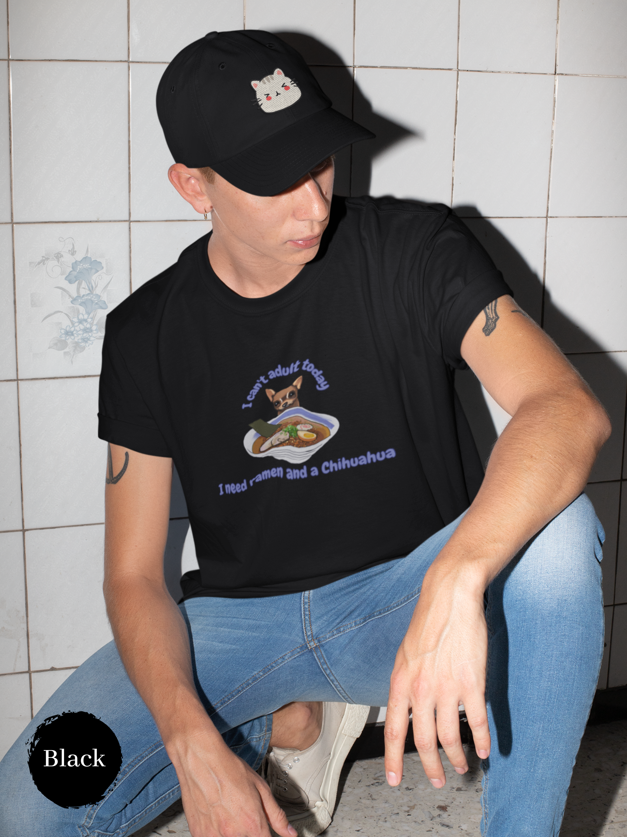 Ramen T-shirt: I Can't Adult Today, I Need Ramen & Chihuahua - Japanese Foodie Shirt with Ramen Art