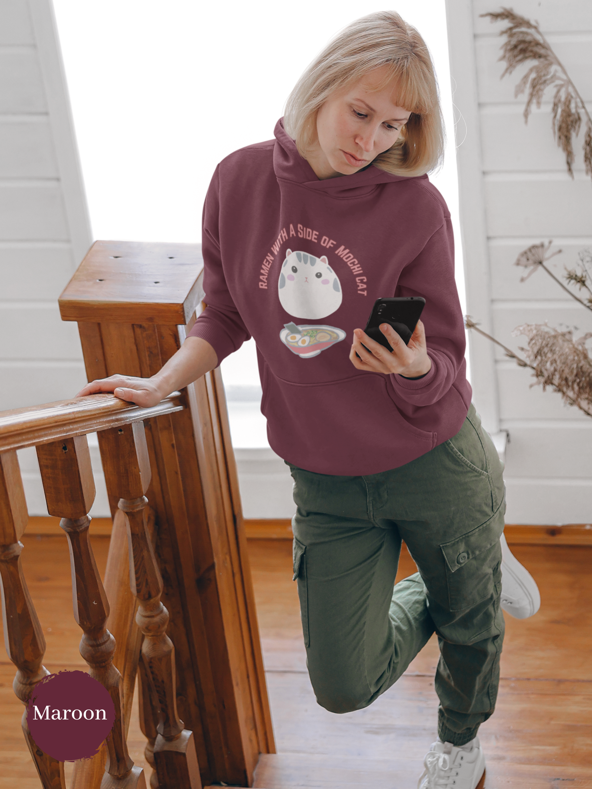 Ramen Hoodie: Mochi Cat on the Side - A Perfect Blend of Japanese Foodie Style and Cute Fluffy Feline Vibes