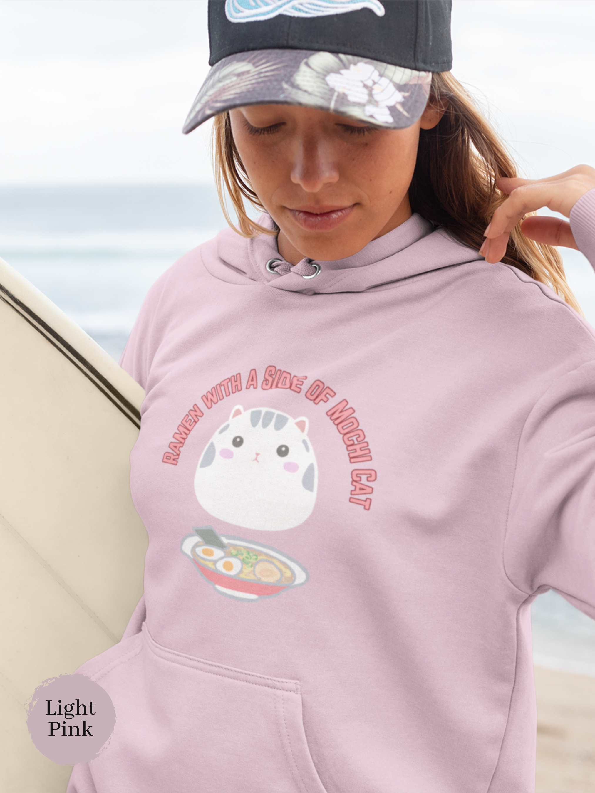 Ramen Hoodie: Mochi Cat on the Side - A Perfect Blend of Japanese Foodie Style and Cute Fluffy Feline Vibes