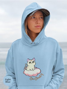 Cat Hoodie: "On Cloud 9" - Cozy Cat Hoodie with Chubby Cat on a Cloud Illustration - Perfect Blend of Cat Art and Purr-fect Pun Hoodies