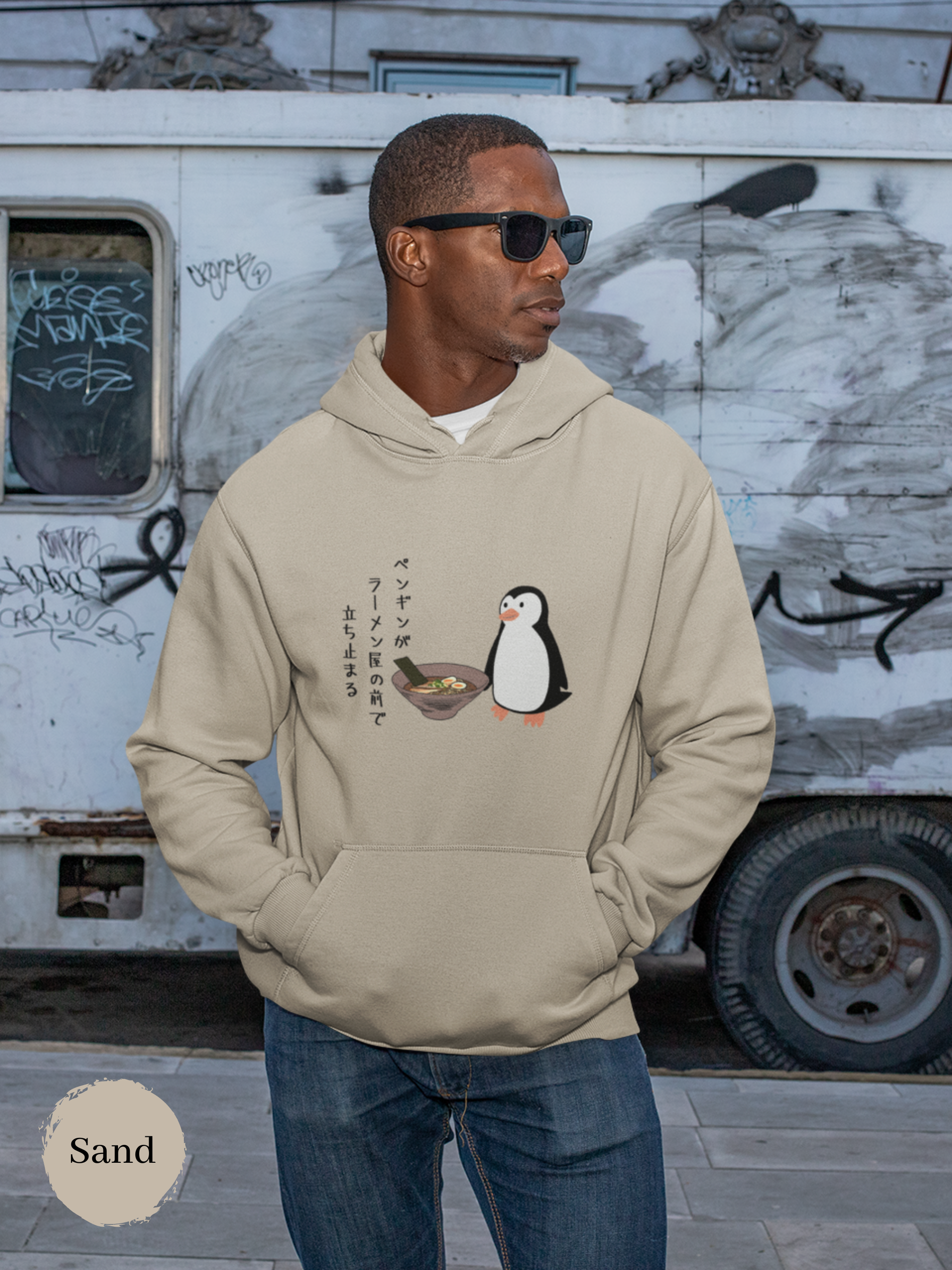 Ramen Hoodie: Penguin's Pause at the Ramen Shop - A Delightful Blend of Foodie Fashion and Haiku Artistry