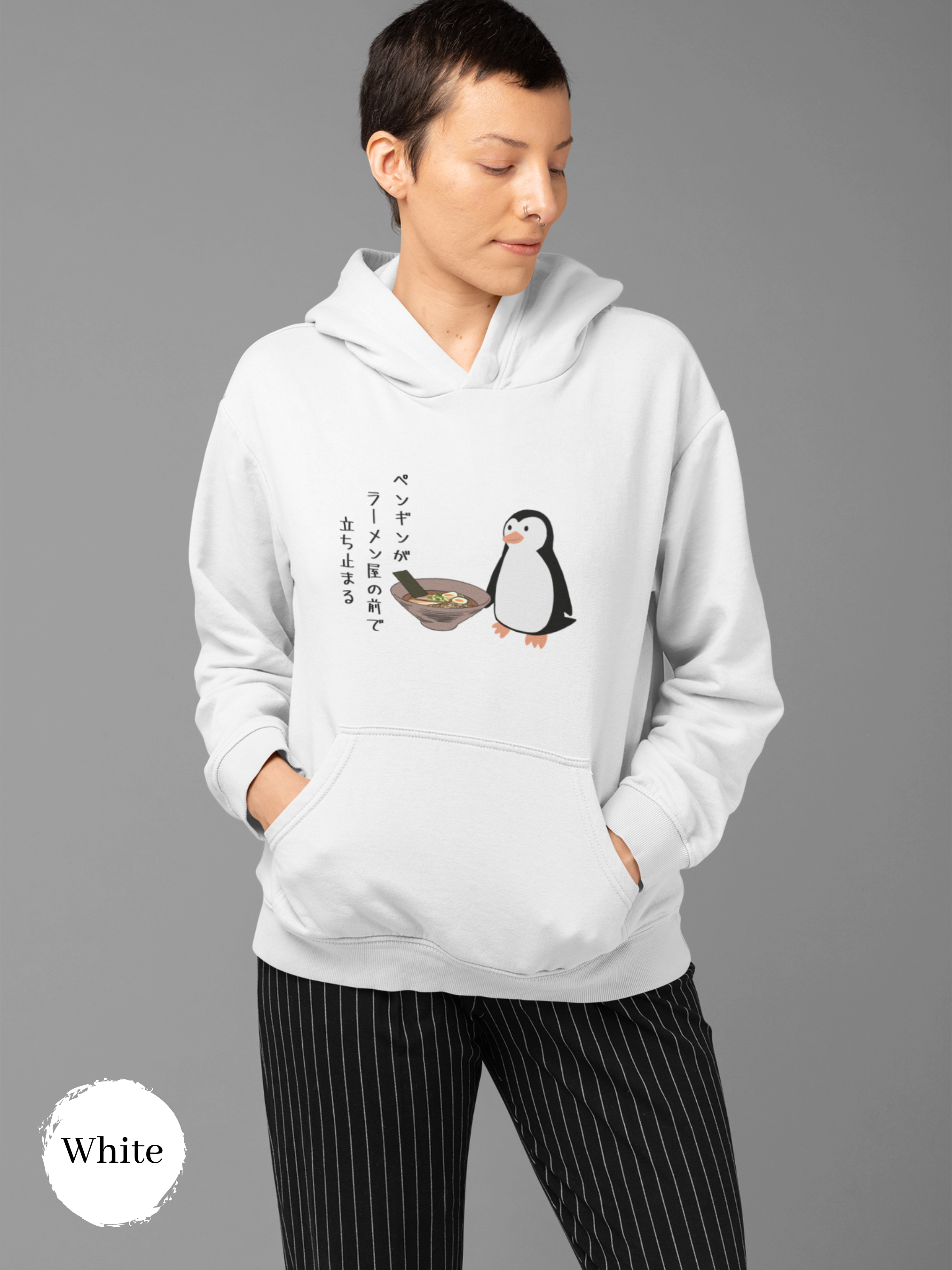 Ramen Hoodie: Penguin's Pause at the Ramen Shop - A Delightful Blend of Foodie Fashion and Haiku Artistry