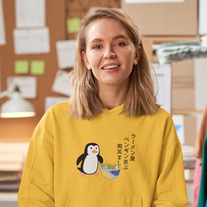 Ramen Hoodie with Penguin Japanese Haiku: Funny and Cute Ramen Sweatshirt for Foodie Lovers and Asian Food Fans with Adorable Ramen Art