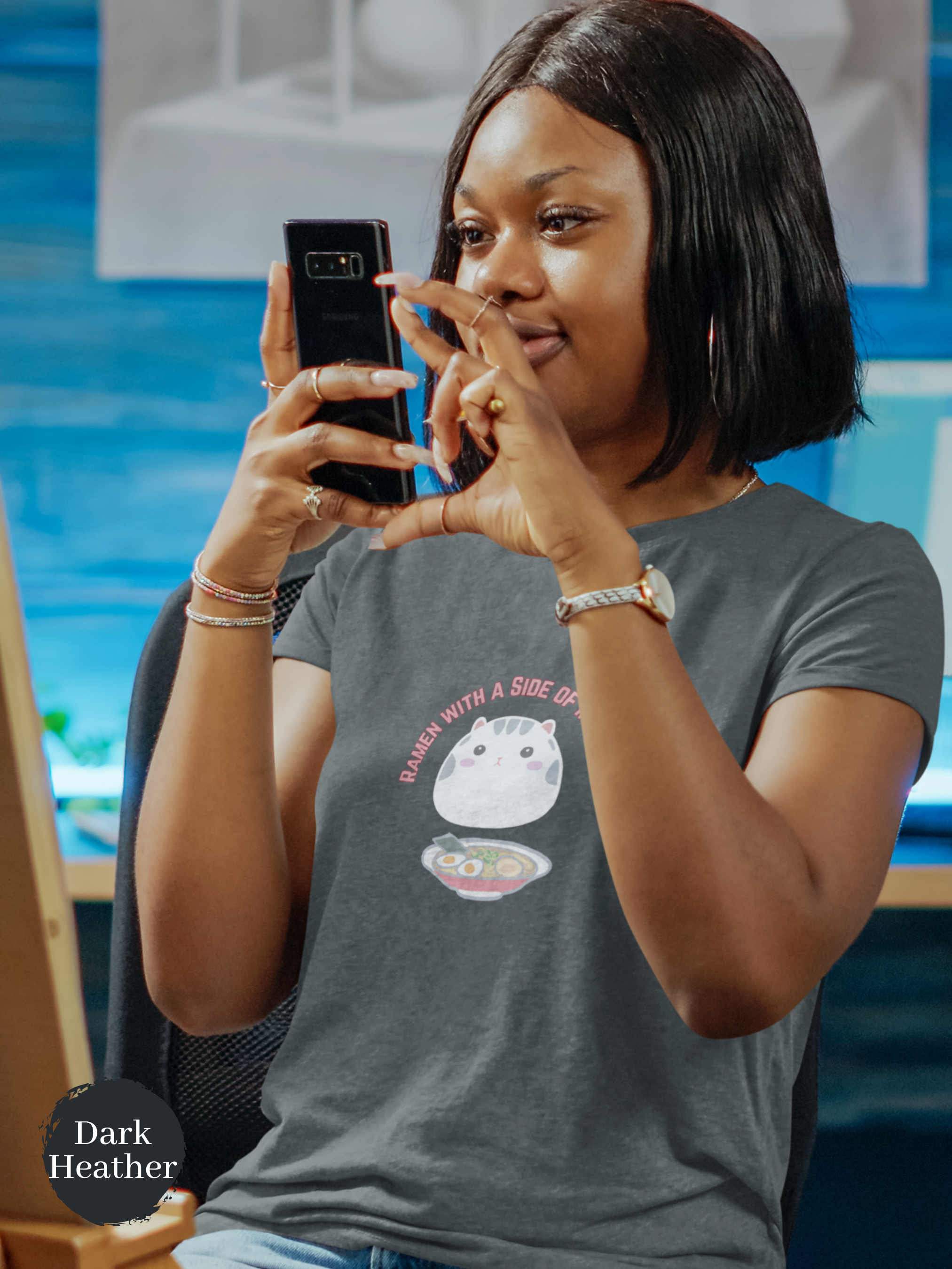 Mochi Cat T-shirt: Ramen with a Side of Sweetness - Japanese Mochi Cat Illustration with Mochi Donut and Squishy Accents