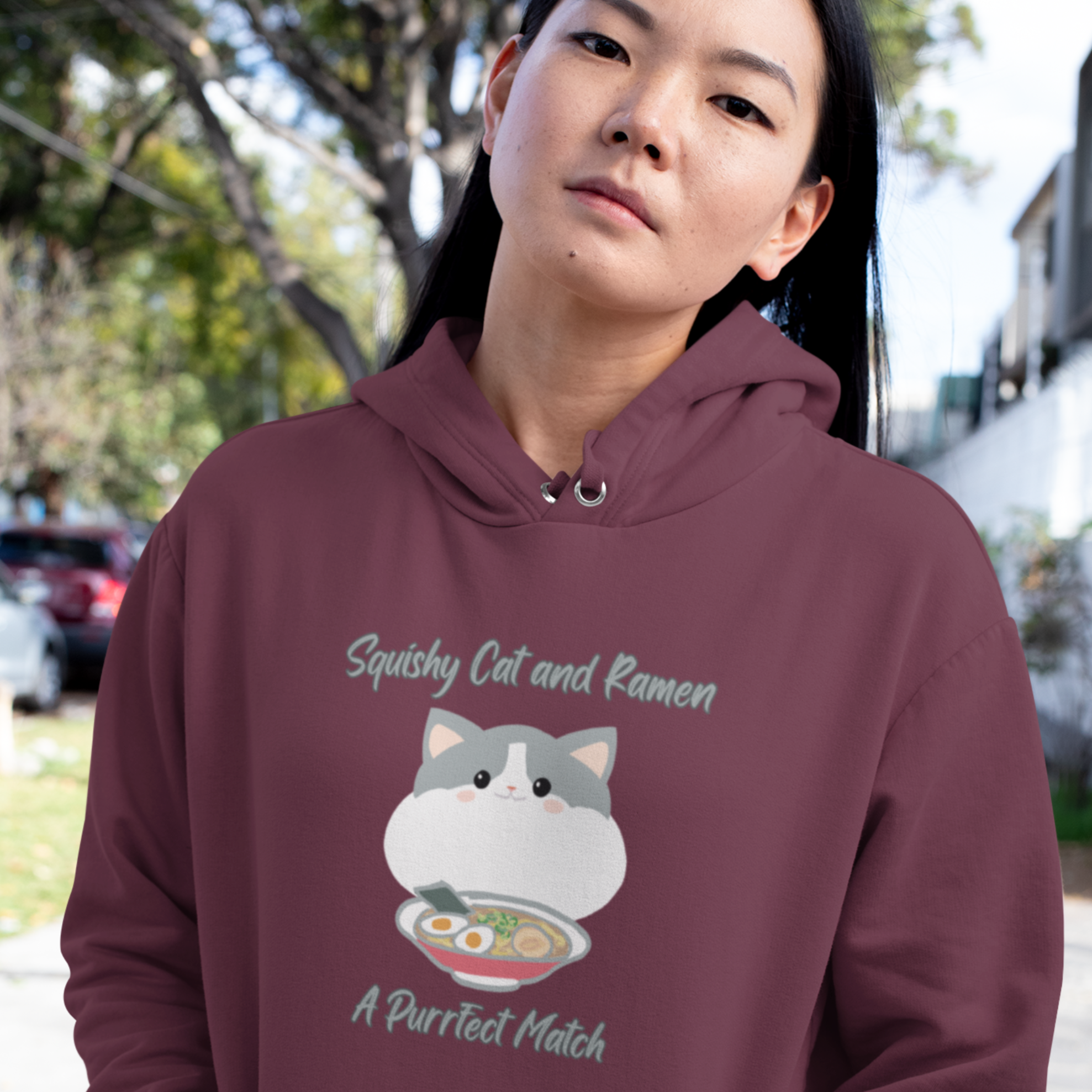 Ramen Hoodie: Squishy Cat and Ramen - A Purrfect Match | Japanese Mochi Cat Donut Illustration - Asian Food Hoodie and Ramen Art Sweatshirt