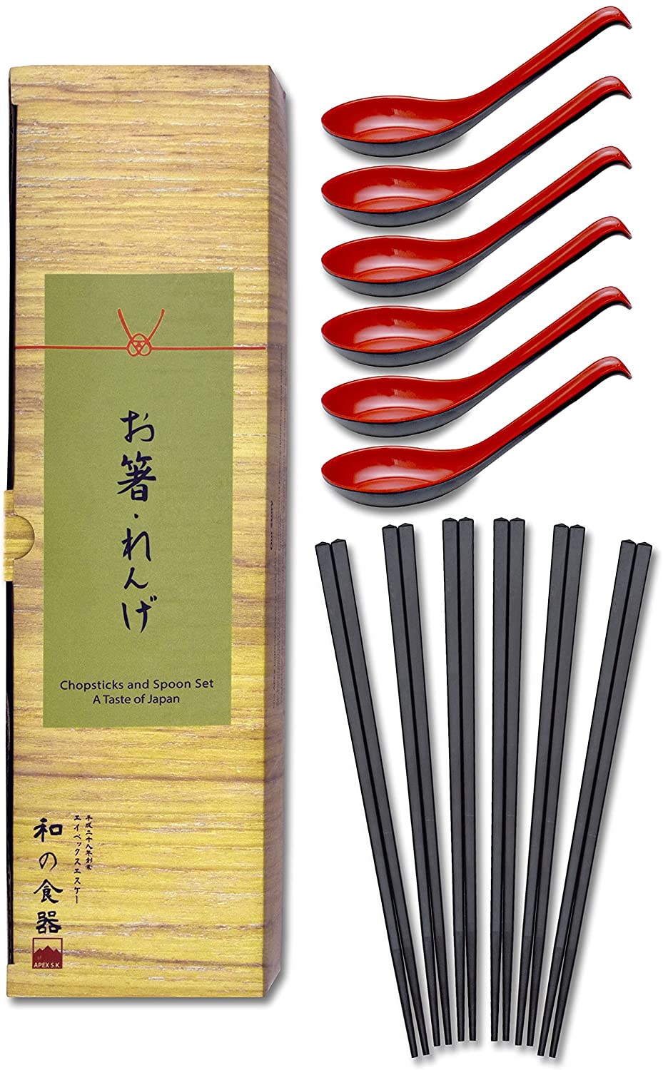 Set of 6 Chopsticks and Large Ladle Spoon Utensil Set (Red Melamine)