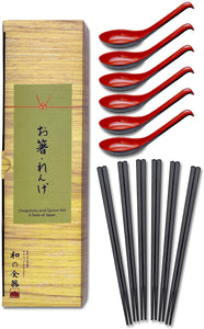 Set of 6 Chopsticks and Large Ladle Spoon Utensil Set (Red Melamine)