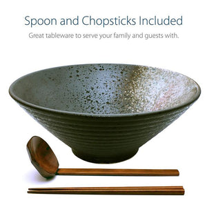 Large Ceramic Ramen Bowl with Matching Wooden Chopstick and Spoon