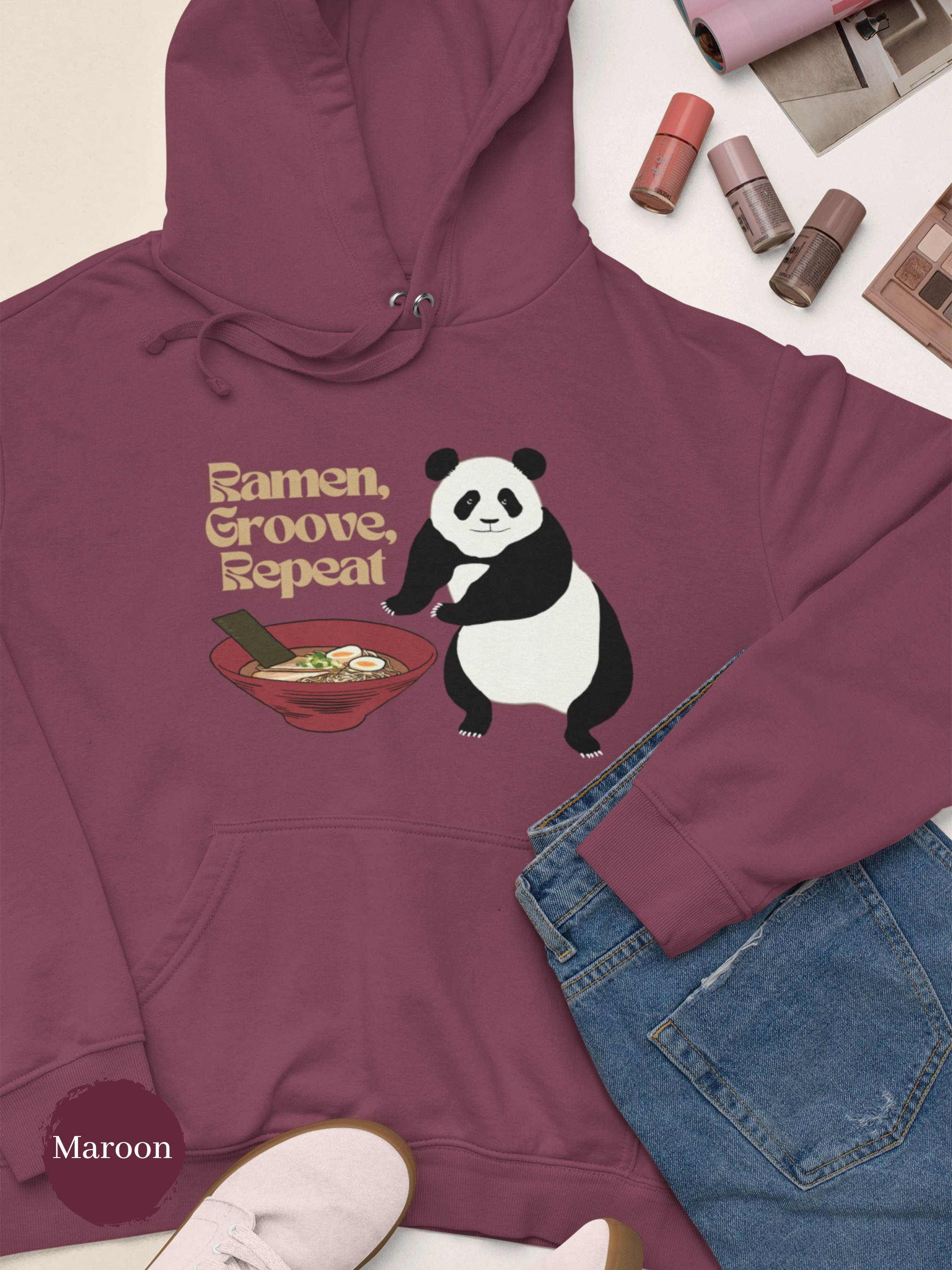 Ramen Hoodie - "Ramen, Groove, Repeat" featuring Pandas and Noodles - Perfect for Foodie Lovers and Asian Food Enthusiasts