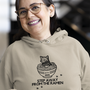 Ramen Protector Hoodie: Cats and Noodles (Black and White)